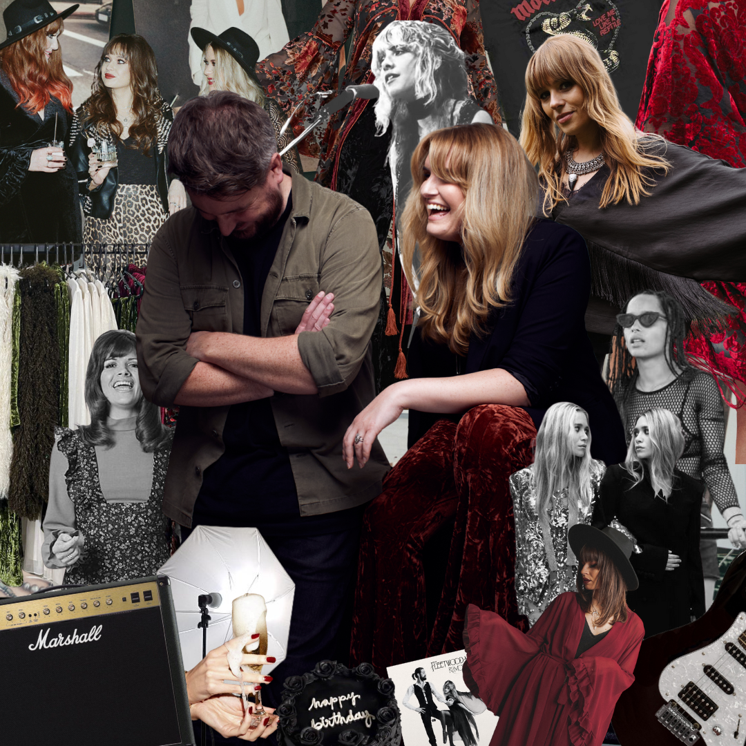 Artistic collage featuring Little Lies founders Jade & Stuart, model inspiration, celebrity muses, boho-rock styling with Marshall amps, Fender guitars, and a nod to Fleetwood Mac’s iconic Rumours album cover.