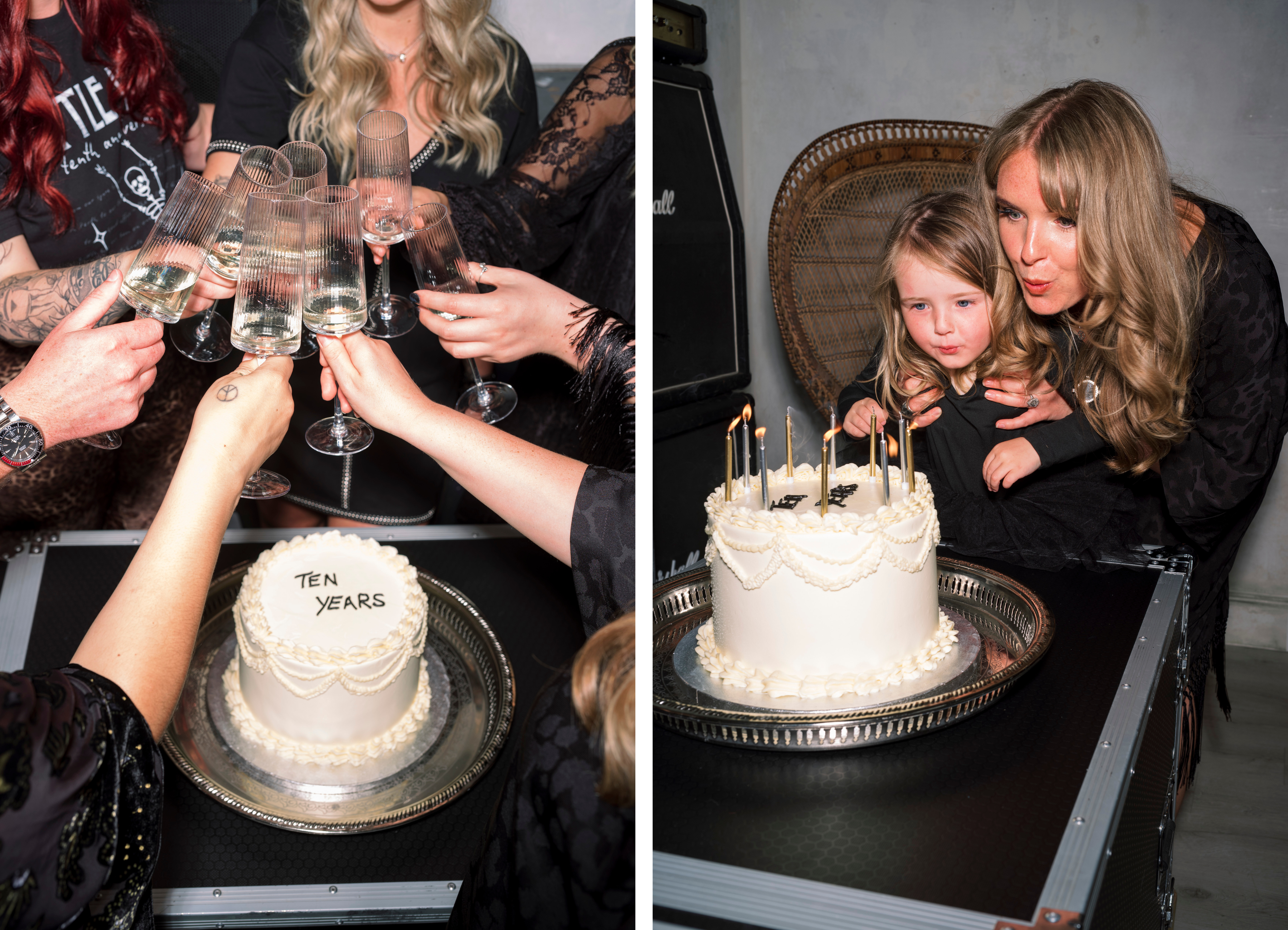 Prosecco glasses being cheersed and ten years birthday cake with candles being blown out.