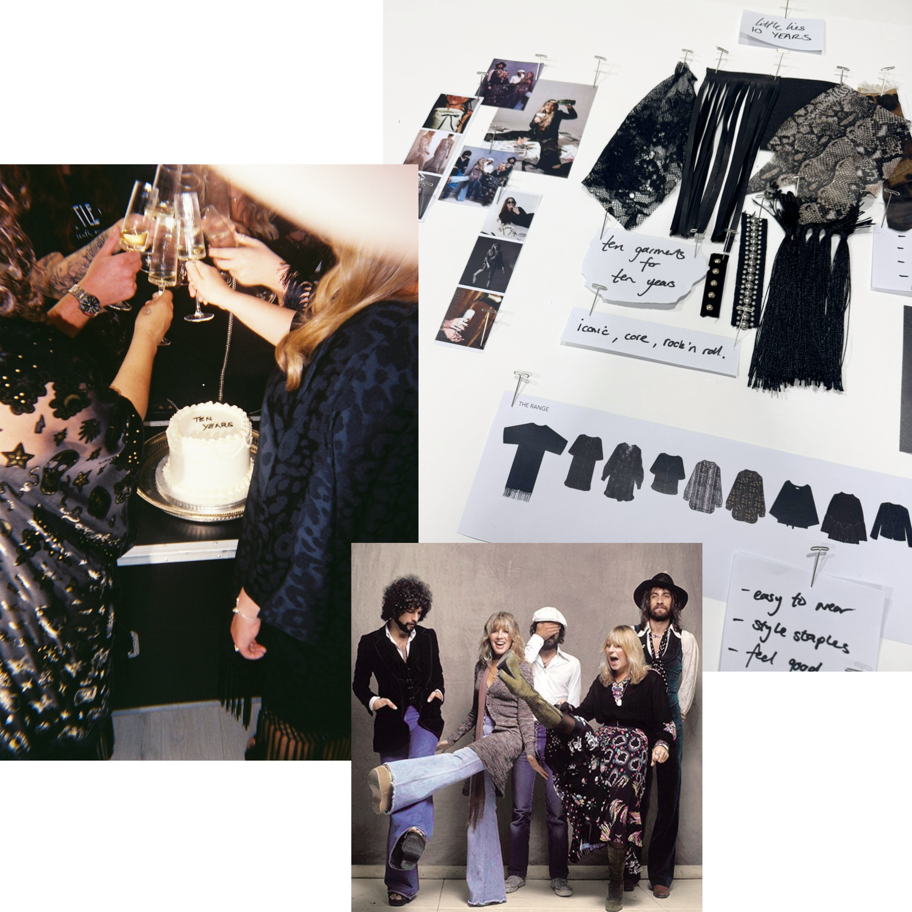 10 pieces for 10 years mood board showing collection references including, lace, snake and fringing. Fleetwood Mac Image and Prosecco glasses being cheersed.