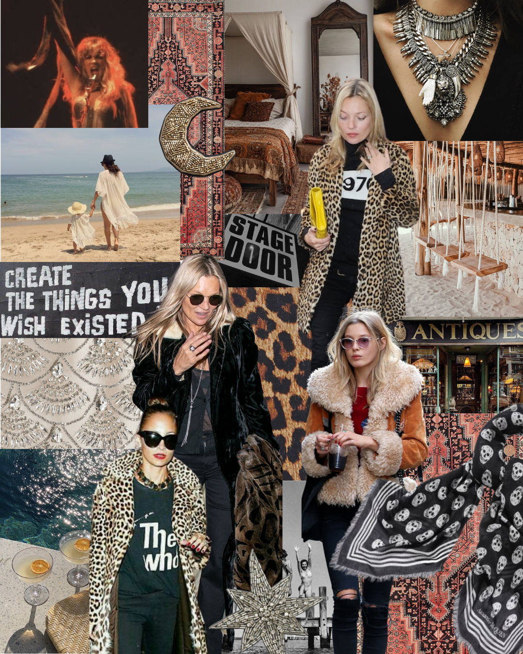 Jade's Little Lies moodboard featuring edgy bohemian aesthetic with beach boho style, antique decor, leopard prints and statement accessories