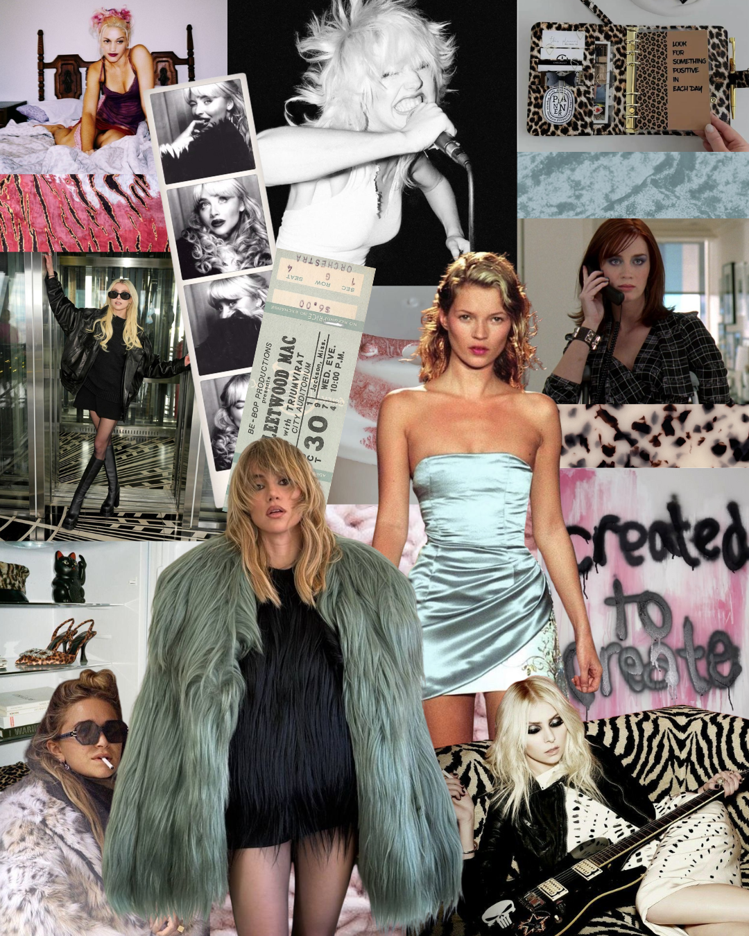 Jess's Little Lies 2026 moodboard with edgy glam style collage featuring mint satin dress, vintage concert tickets and oversized fur coat