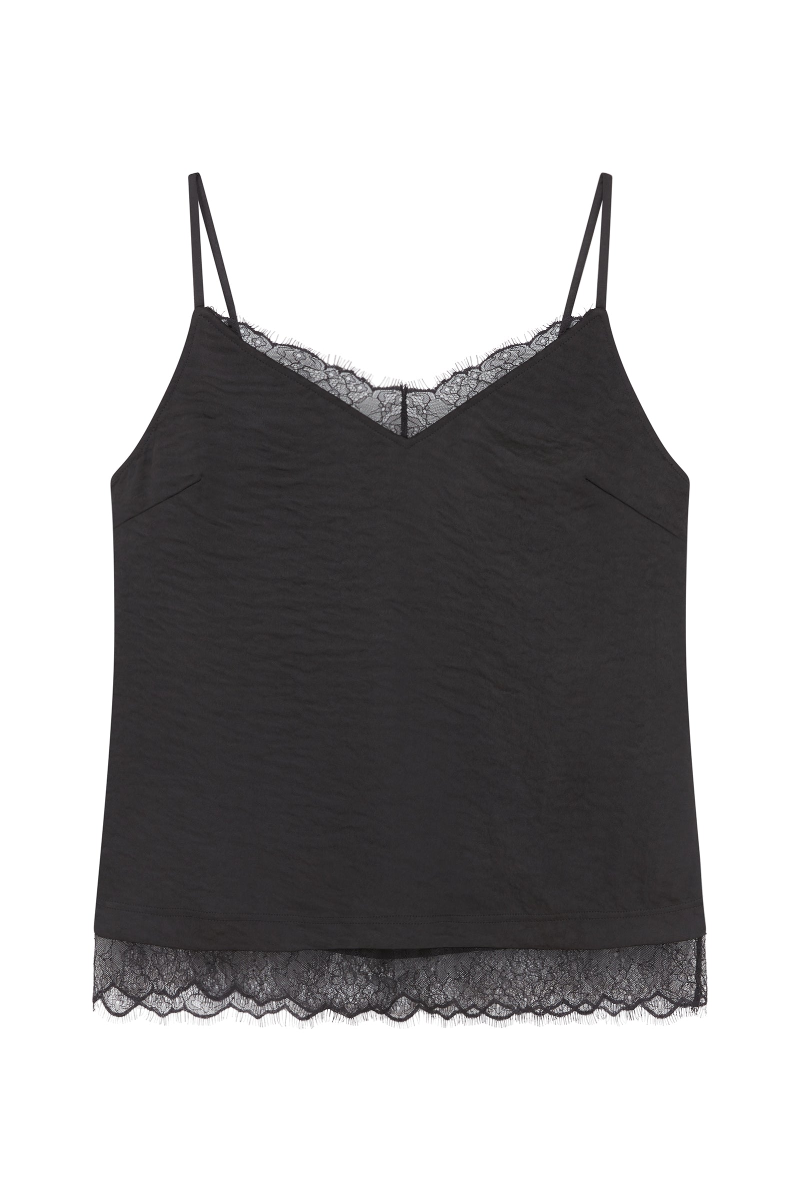 Ghost image of Little Lies Nightbird Lace Trim Cami Top in black showing lace trim neckline and hem detail