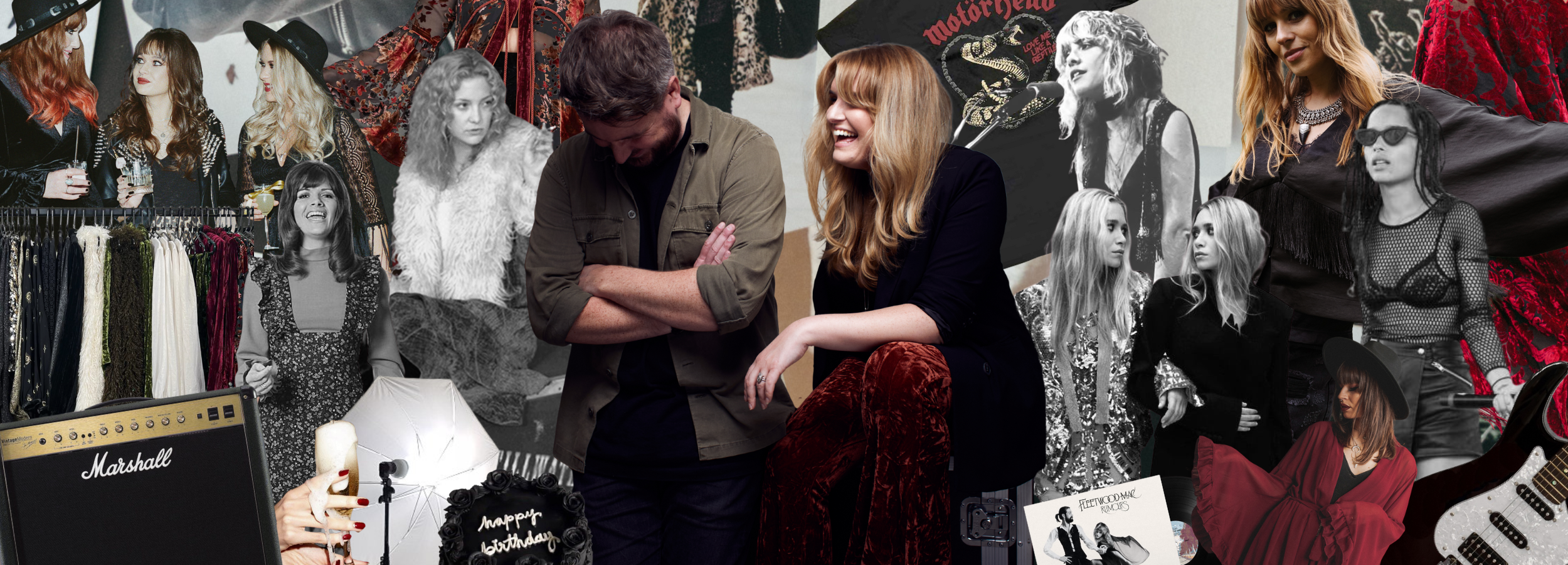 Artistic collage featuring Little Lies founders Jade & Stuart, model inspiration, celebrity muses, boho-rock styling with Marshall amps, Fender guitars, and a nod to Fleetwood Mac’s iconic Rumours album cover.