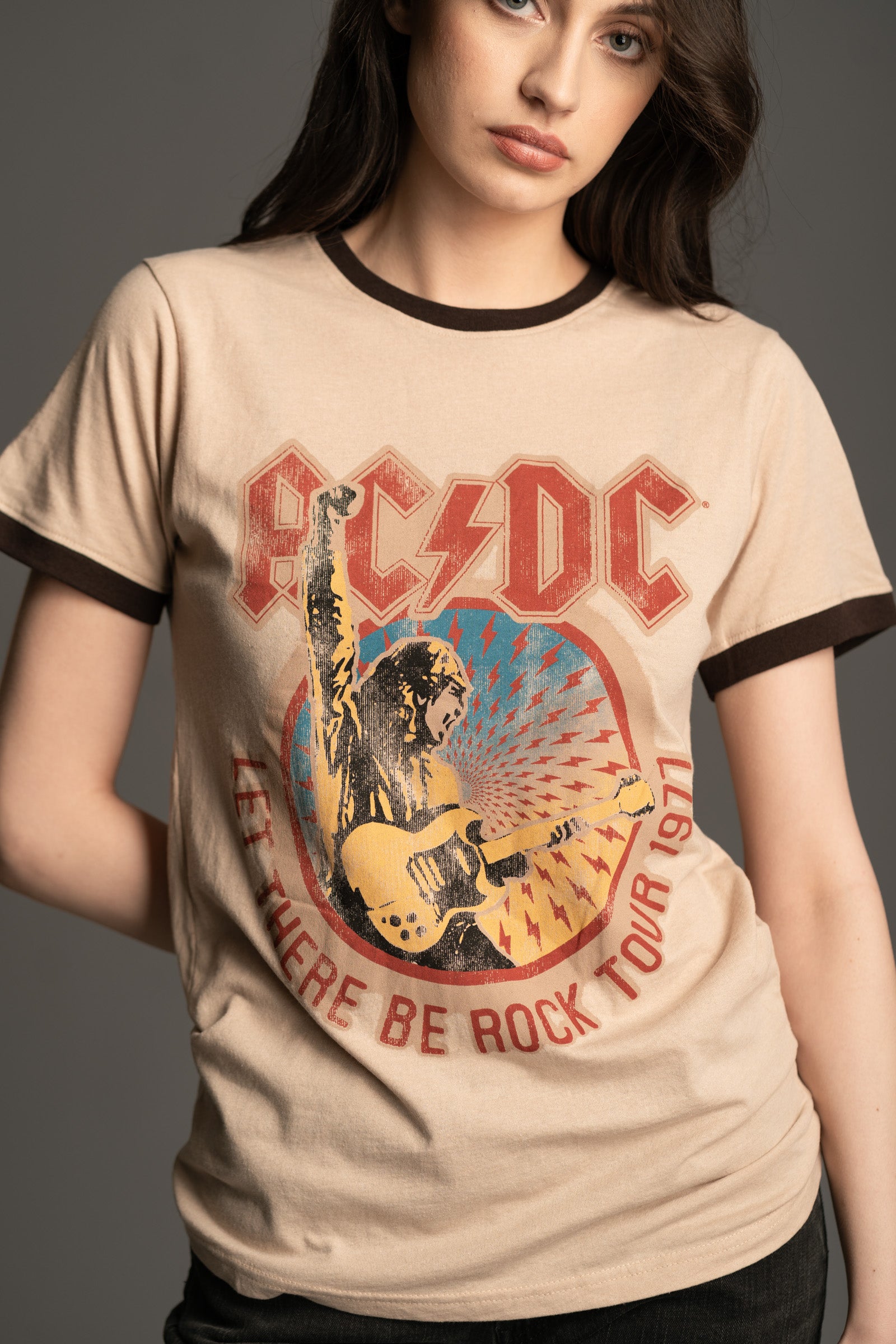 Back view of AC/DC '77 Tour Band Tee showing brown ringer cuffs and relaxed fit