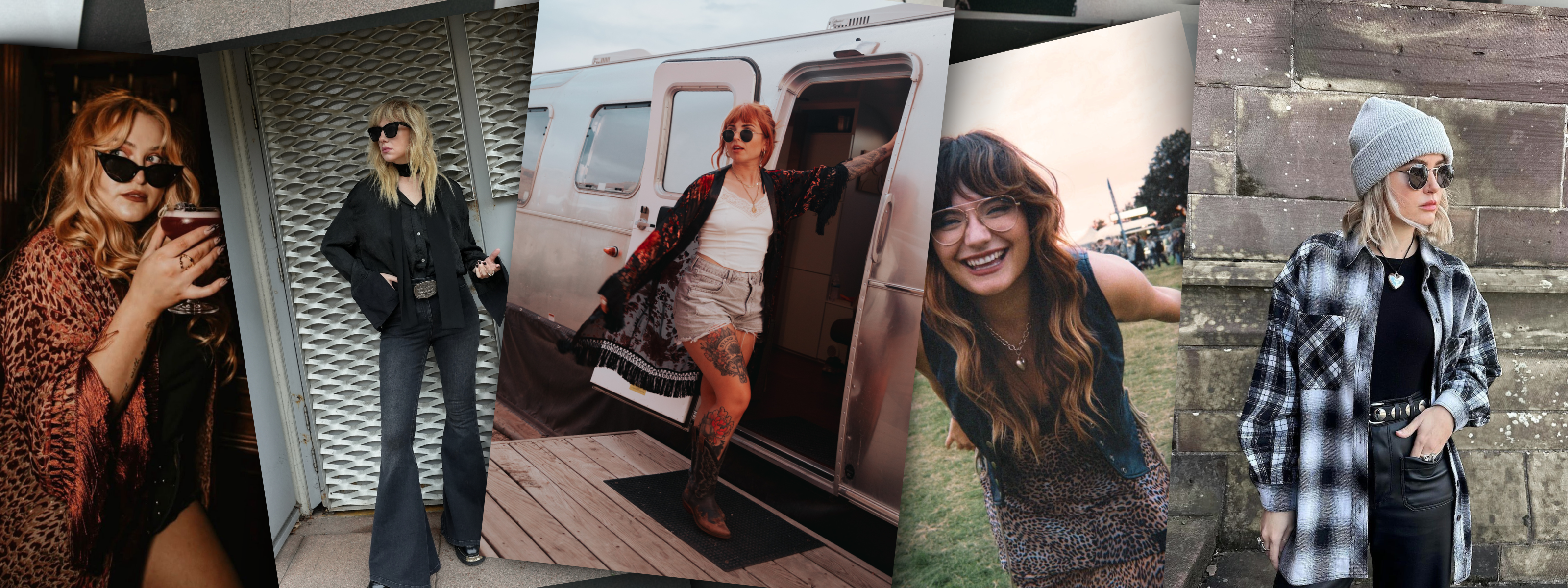 Collage of top influencers wearing Little Lies outfits styled in boho, rock-inspired and casual lifestyle looks including leopard print layering, black flares, patterned minis, cosy knits and checked shackets