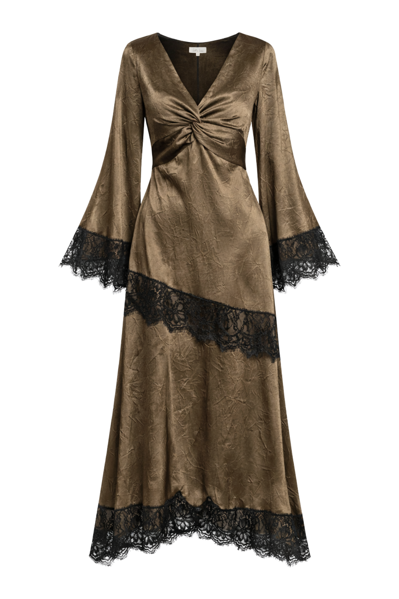 Little Lies Arabella Satin Maxi Dress in olive satin with black lace trim, featuring flared sleeves and an asymmetric hem. Ghost image