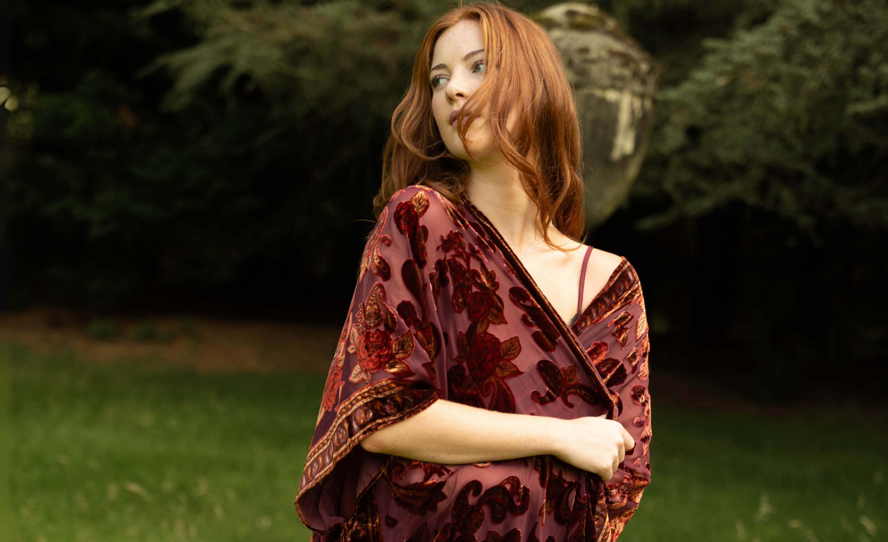 Anna wrapped in the Stevie Plum Paisley Devore Velvet Kimono stood in country estate the Byre at Inchyra
