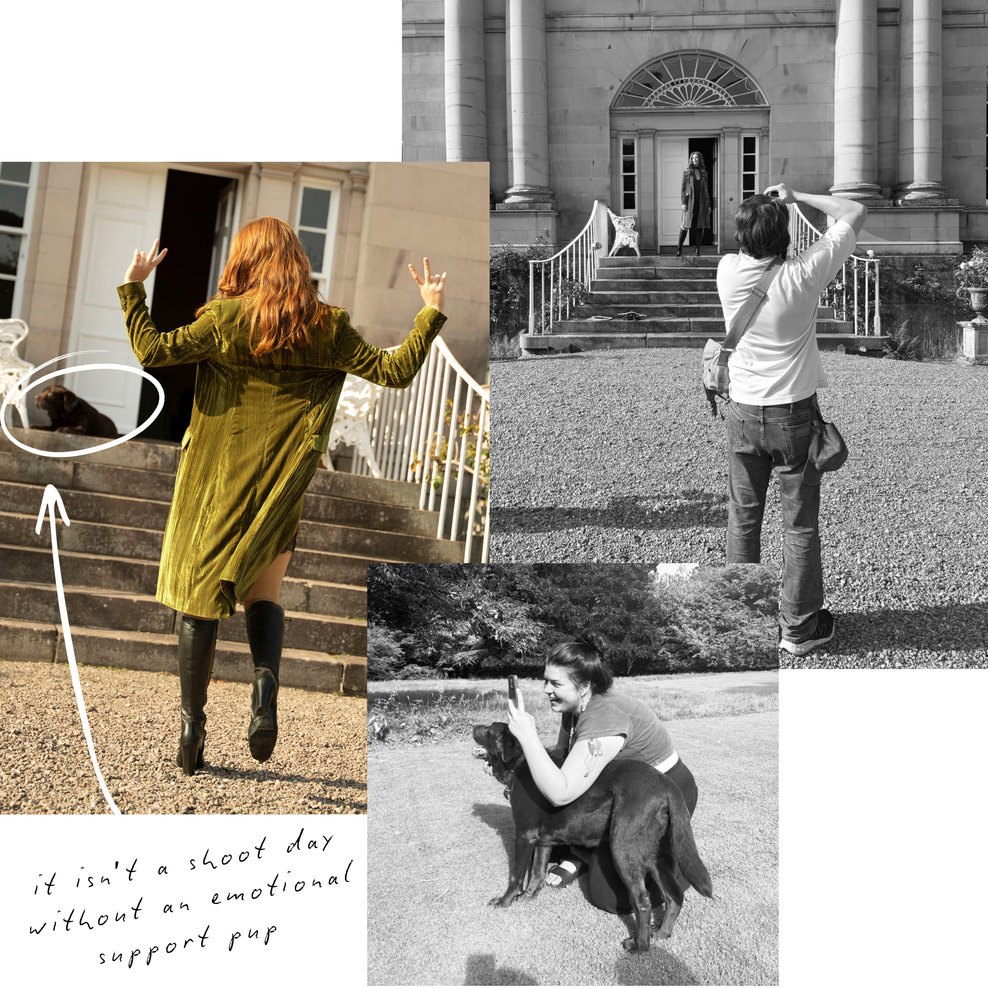 Behind the scene of Autumn '25 campaign shoot, Anna wearing Jagger Olive duster and the estate dogs!