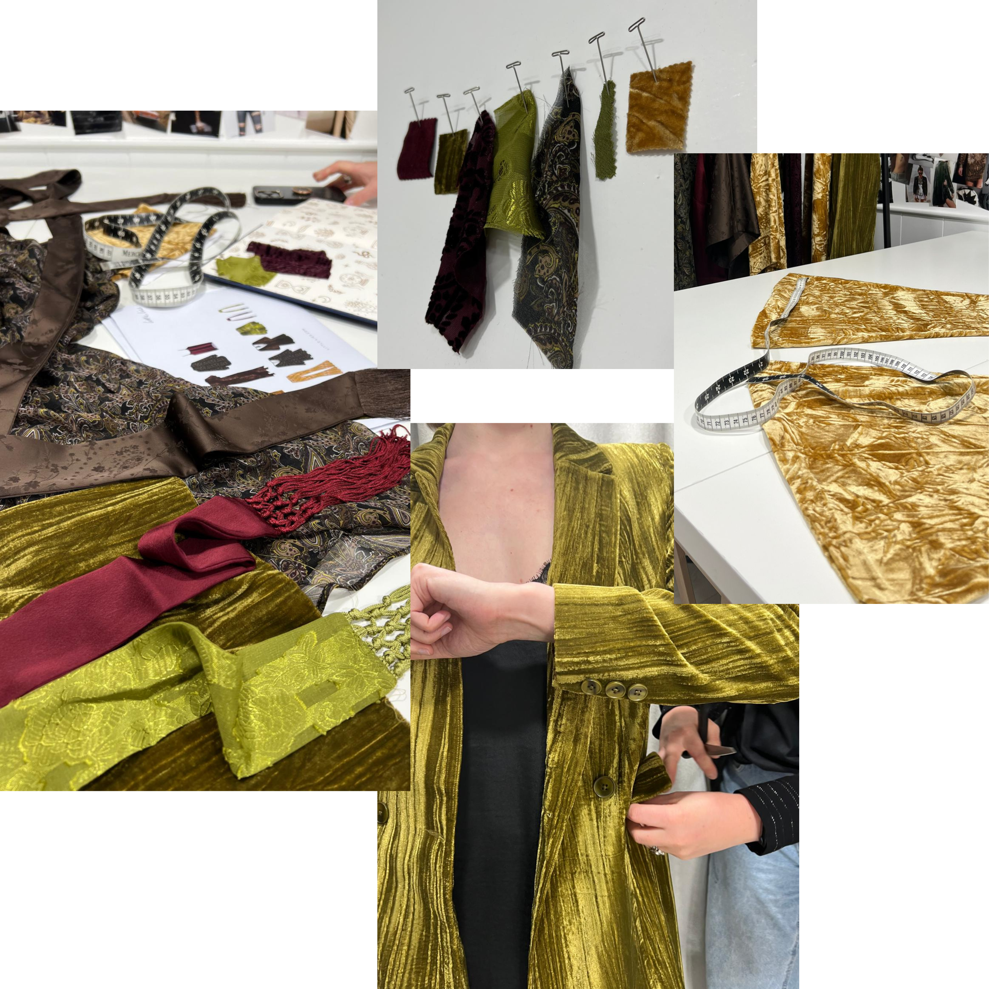 Autumn '25 Collage of fabric samples and clothing on Little Lies Design table with a fit model wearing Jagger Olive Jacket