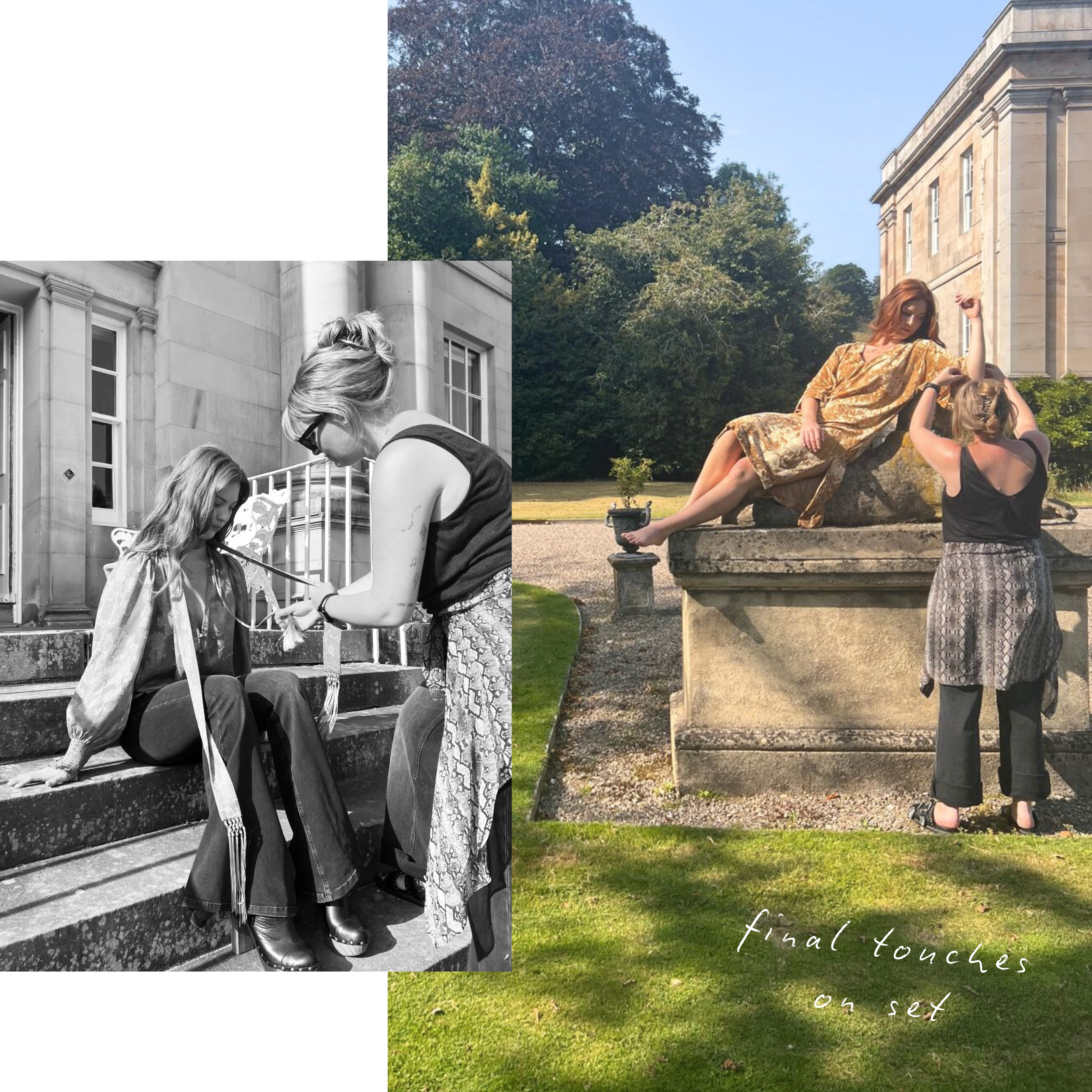 Behind the scenes Autumn '25 campaign shoot at the Byre of Inchyra. Anna being styles in Rumours Ochre Dress and Cassia olive smock top.