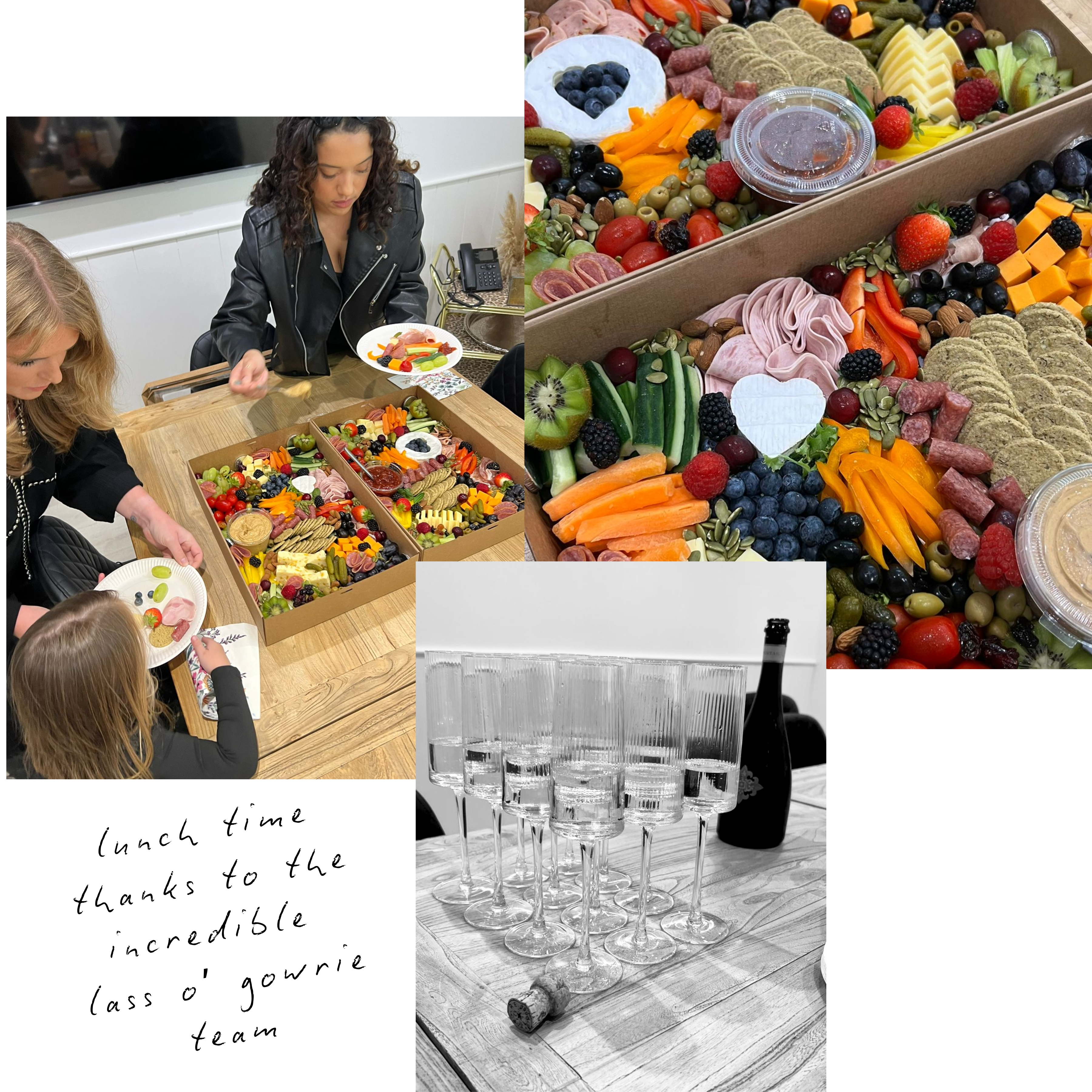 On set with Little Lies, Birthday Campaign Shoot Collage, prosecco & food from Lass O' Gowrie, Errol.