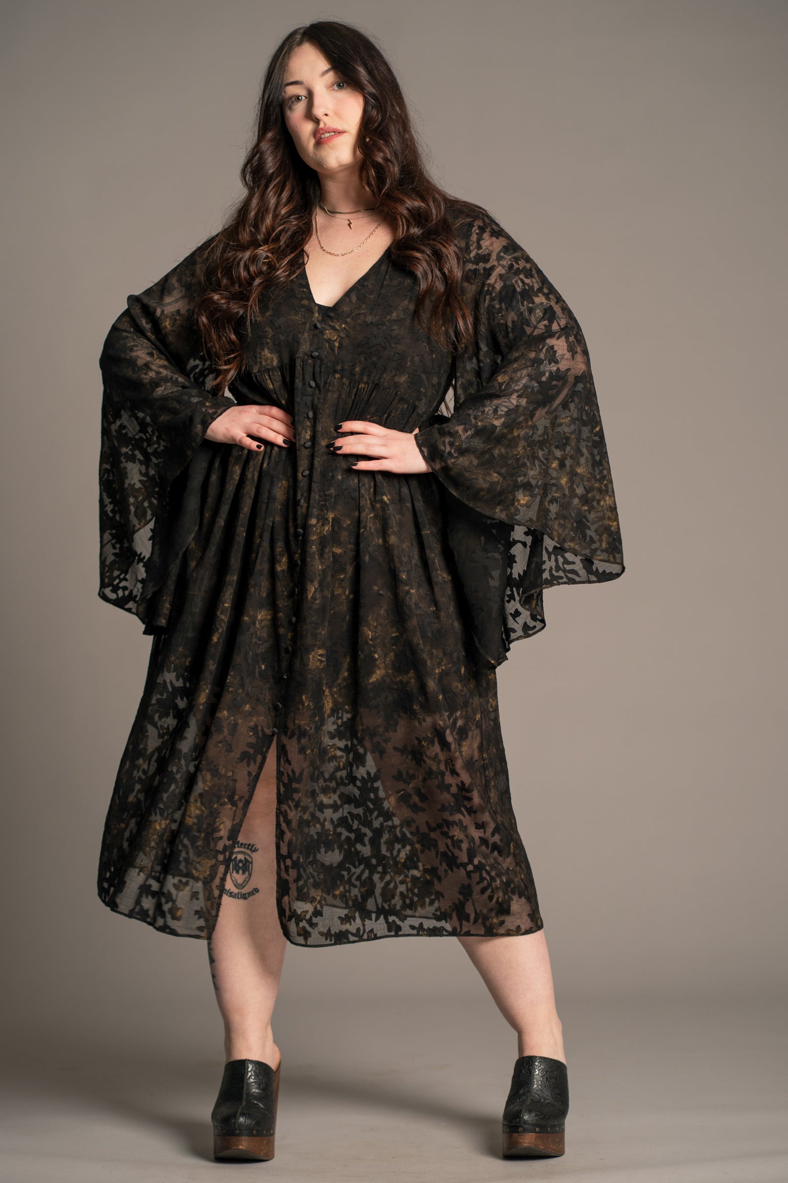 Little Lies Bella Donna black lace midi dress with sheer floral overlay, button front and wide sleeves, on‑model front view