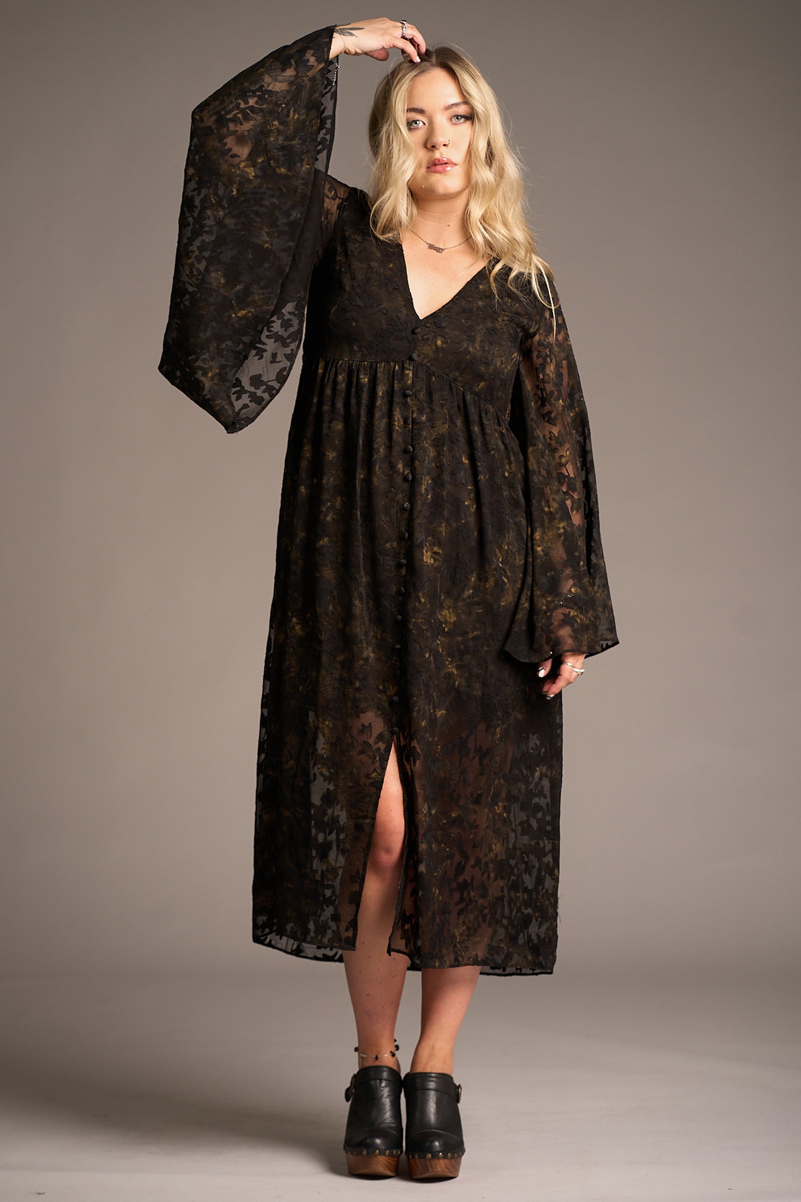 Erin in Bella Donna Midi Dress showcasing the sheer black floral overlay and wide sleeves, Stevie Nicks inspired styling studio