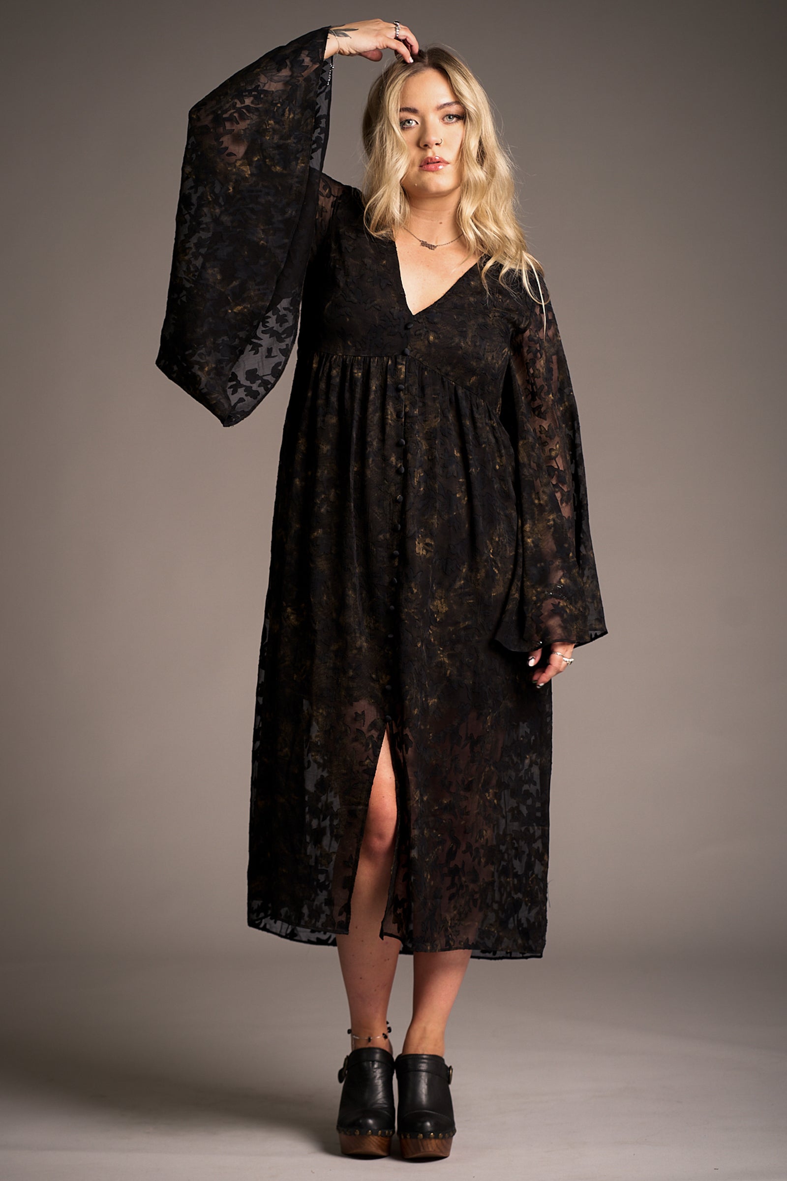 Erin in Bella Donna Midi Dress showcasing the sheer black floral overlay and wide sleeves, Stevie Nicks inspired styling studio