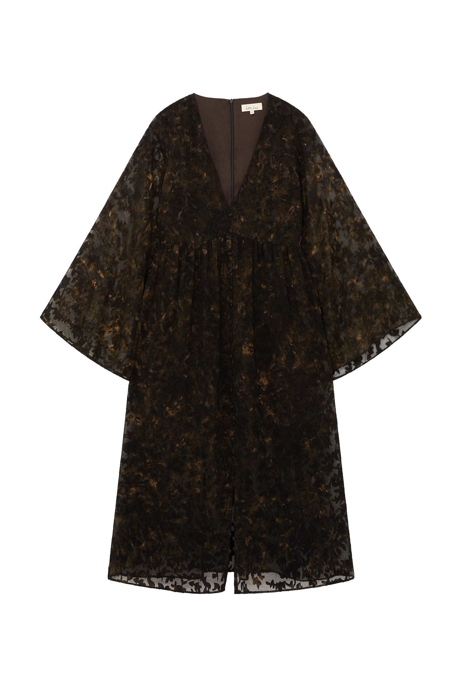 Bella Donna Midi Dress with deep V-neckline, wide sleeves, black jacquard chiffon and subtle gold floral detail