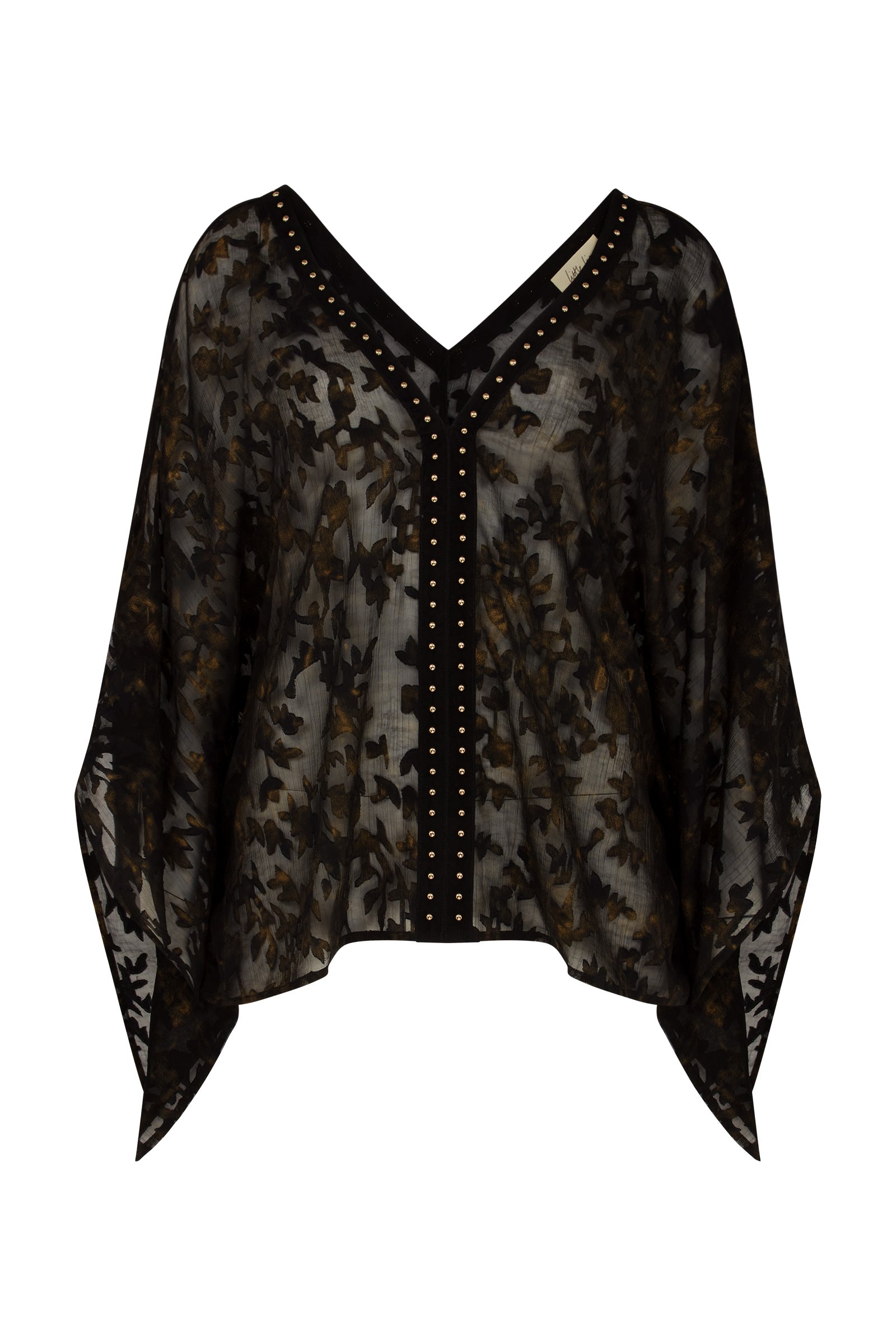 Bella Donna Studded Kimono Top with sheer black and gold floral chiffon featuring gold stud trim and wide sleeves.