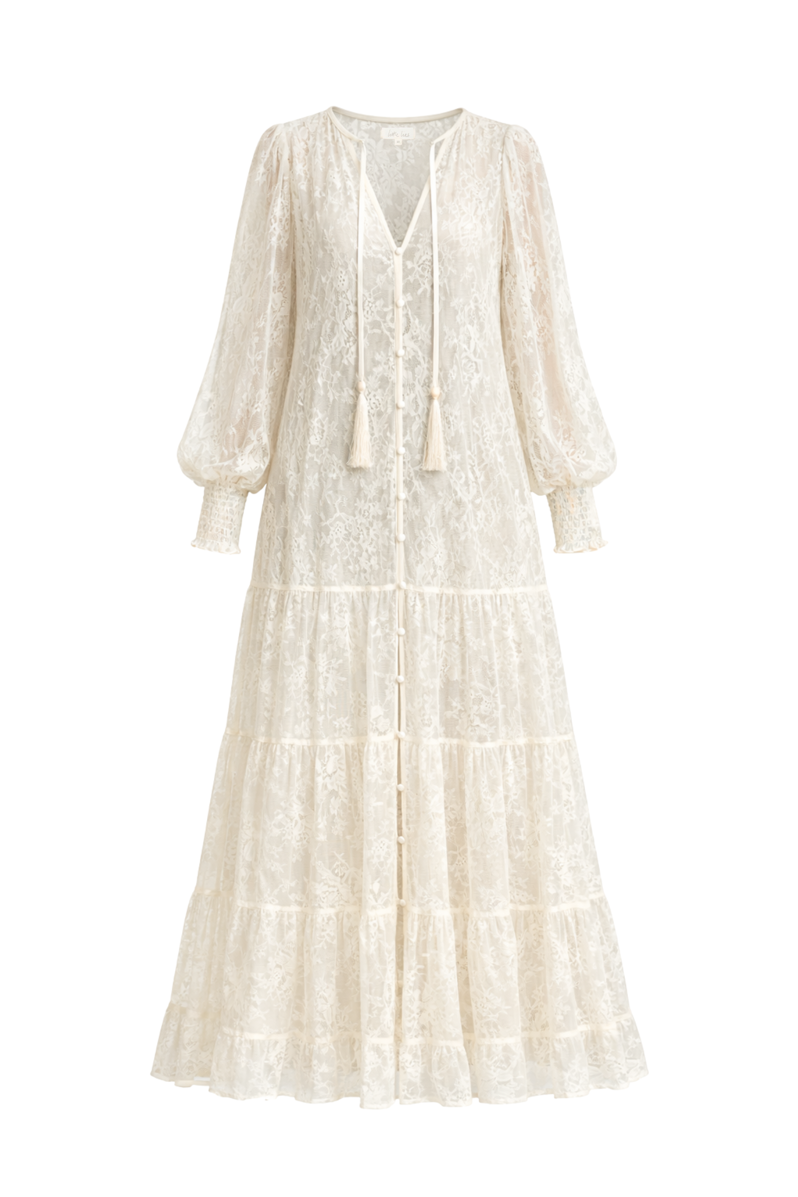Little Lies Rhiannon Ivory Lace Maxi Dress with flowing lace sleeves and a tiered lace skirt, wear open or closed. Ghost image
