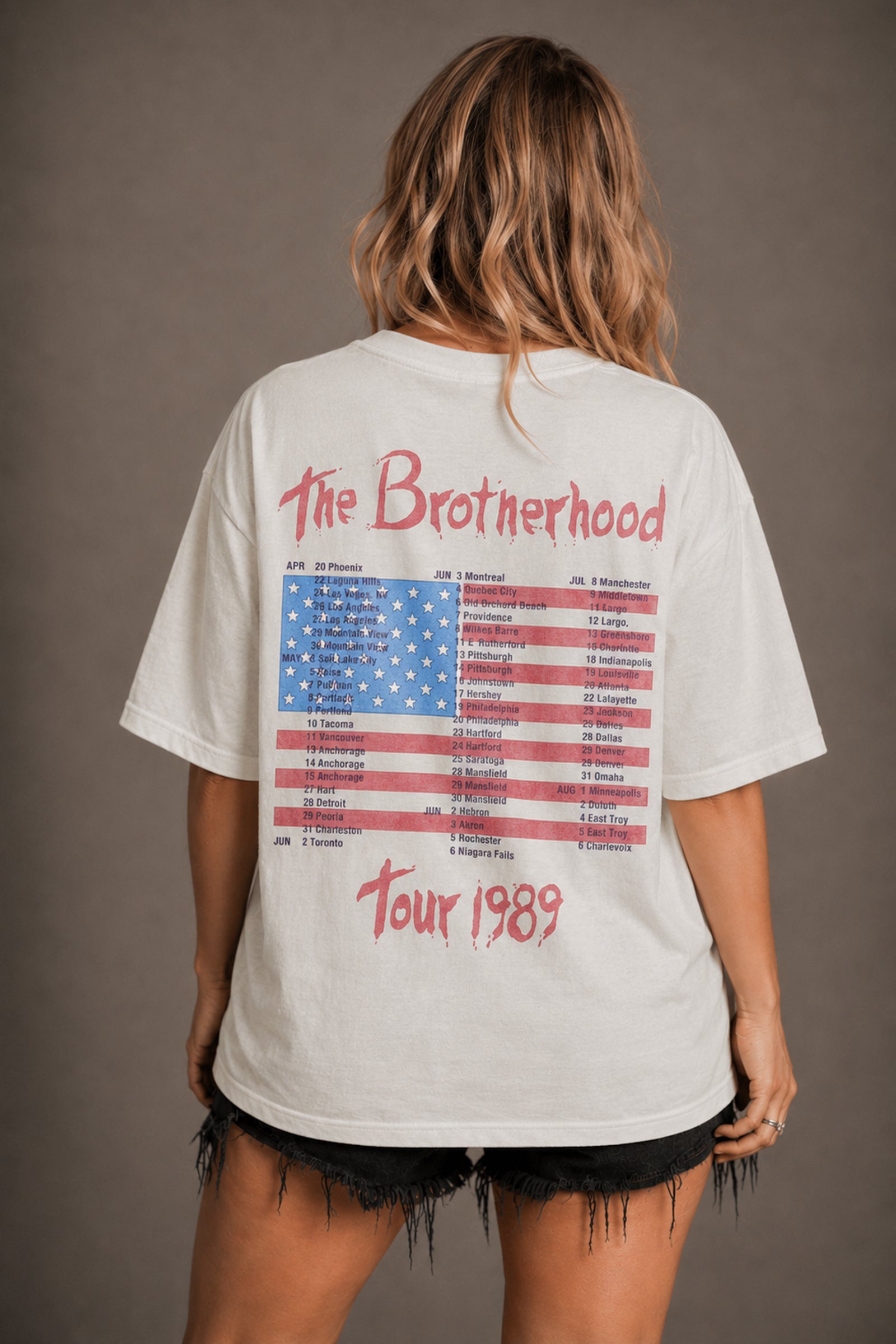 Little Lies Bon Jovi The Brotherhood oversized band tee in off white with tour 1989 graphic back print