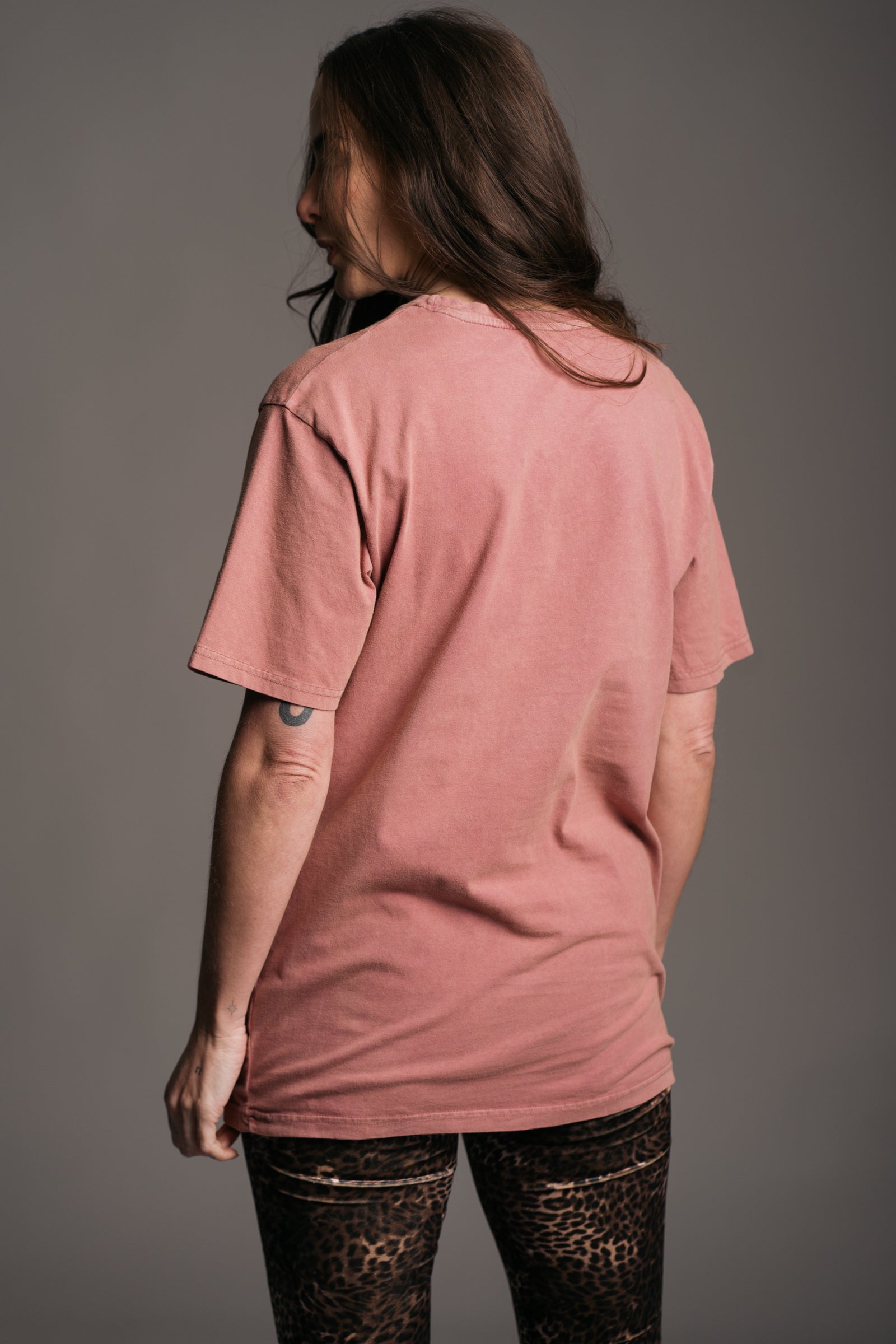 Springsteen Edge of Town Band Tee worn with Hendrix Leopard Velvet Flares on Brunette Model