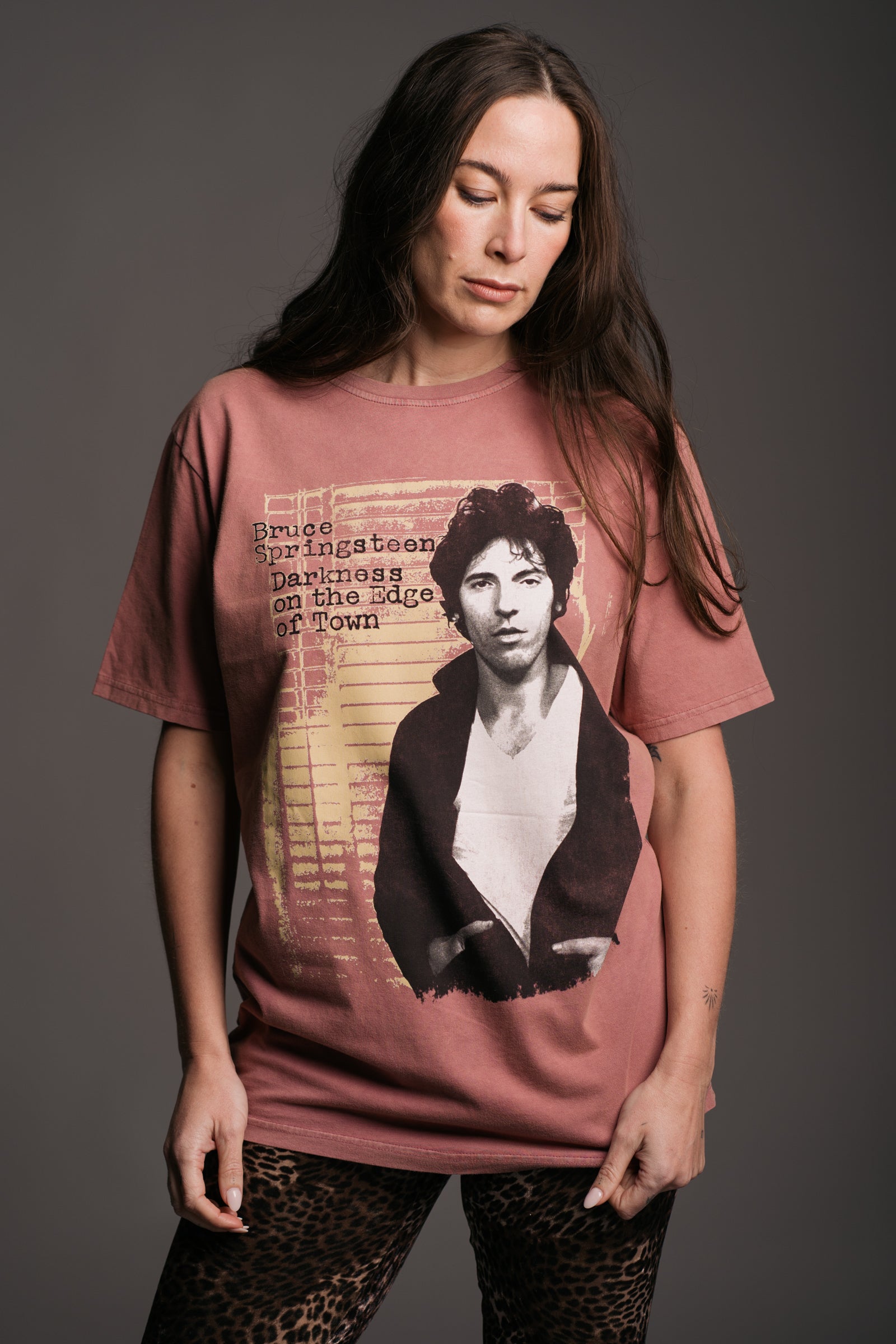 Springsteen Edge of Town Band Tee worn with Hendrix Leopard Velvet Flares on Brunette Model