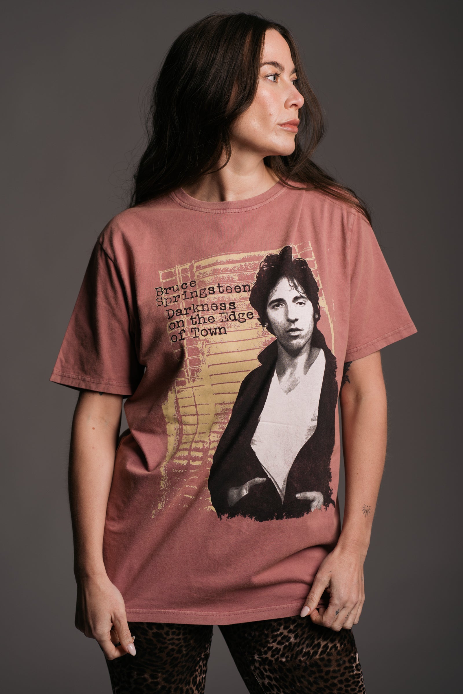 Springsteen Edge of Town Band Tee worn with Hendrix Leopard Velvet Flares on Brunette Model