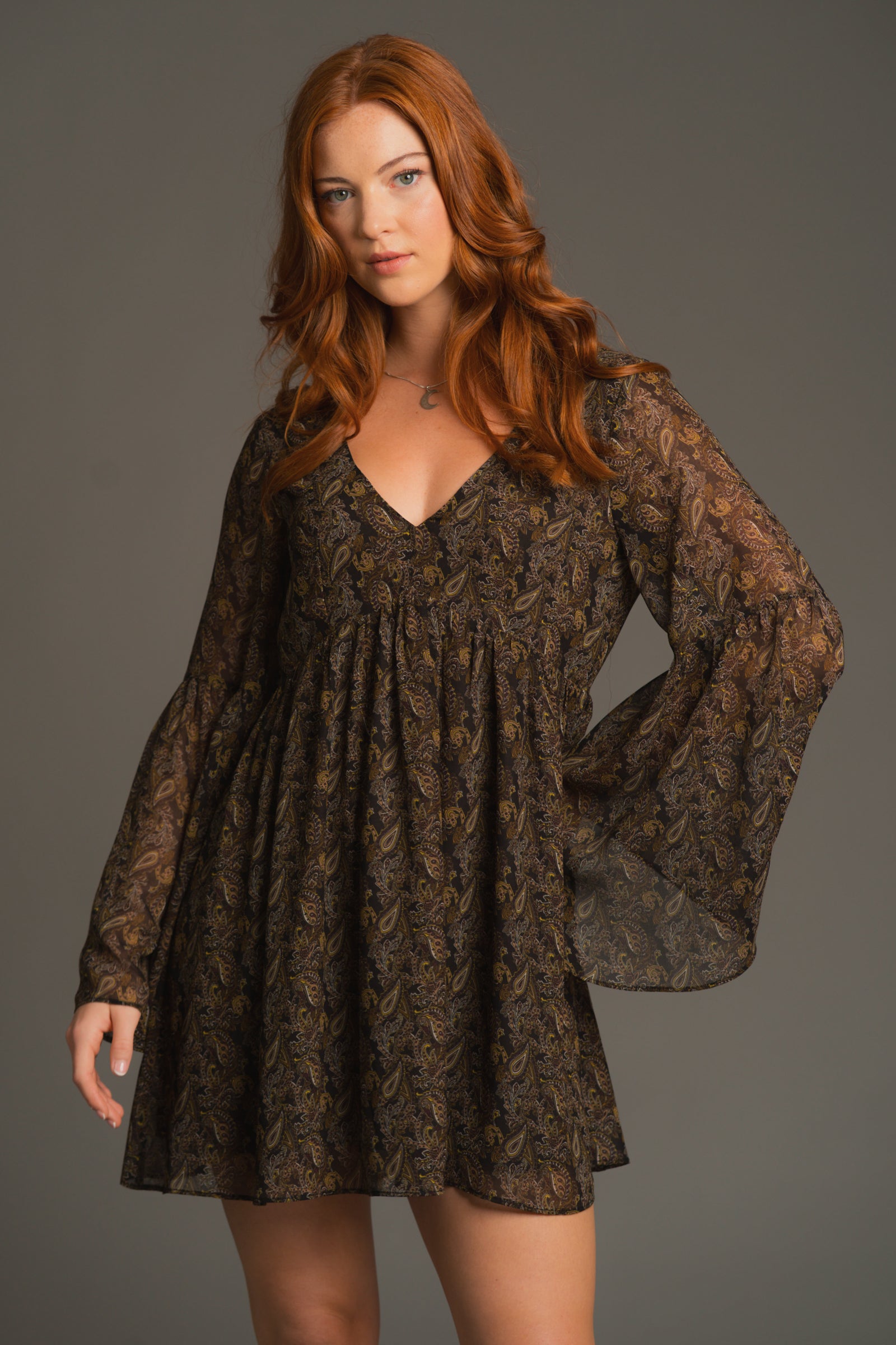 Cinnamon Girl Paisley Chiffon Smock Dress front view in deep neutrals with flared sleeves and relaxed mini fit