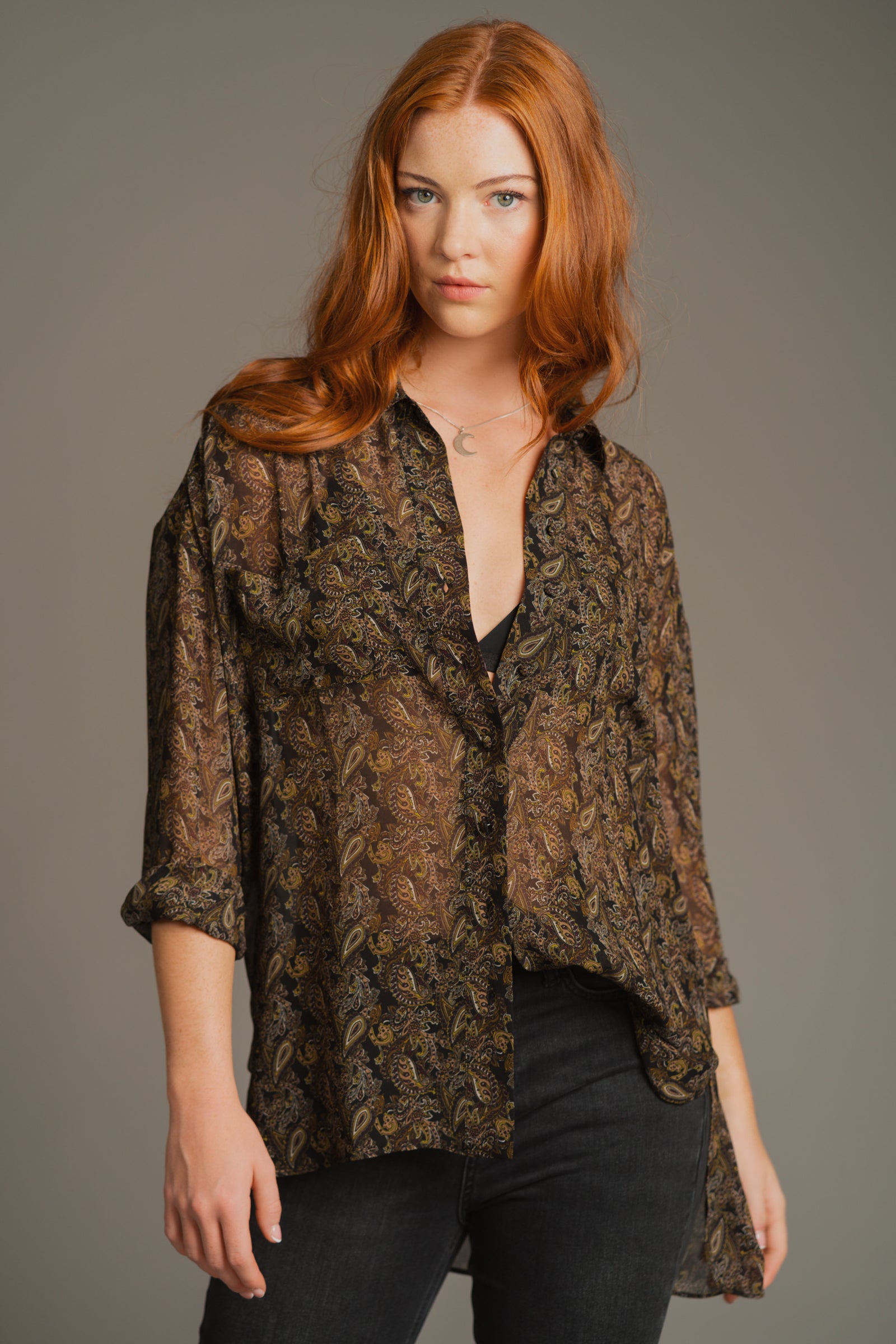 Cinnamon Girl Paisley Chiffon Shirt front view in earthy tones with olive and brown highlights, relaxed fit
