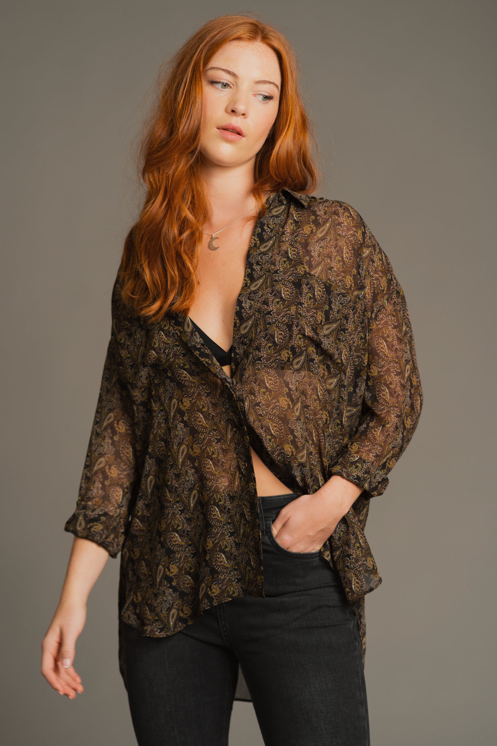 Cinnamon Girl Paisley Chiffon Shirt styled with trousers, versatile layering, relaxed boho style