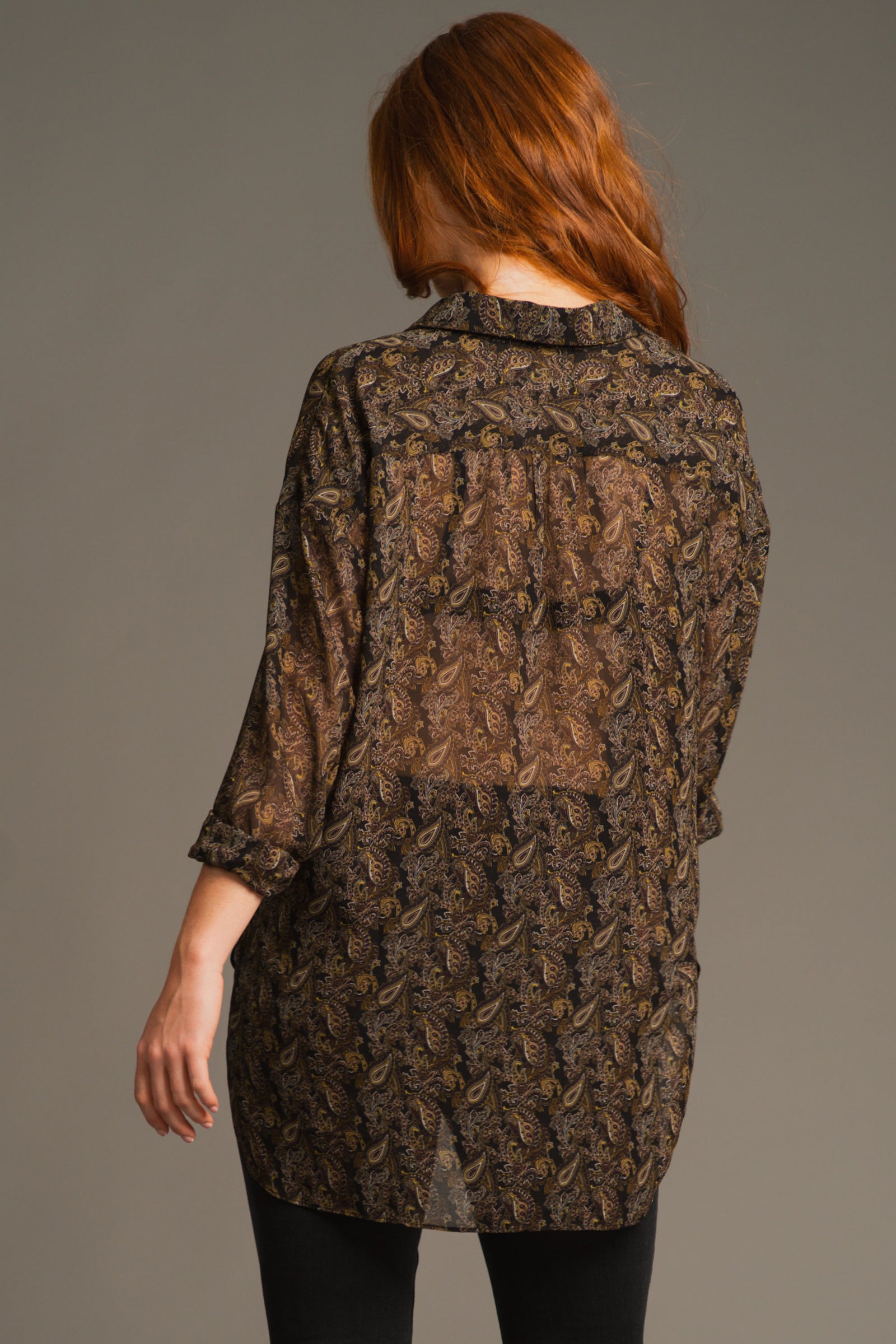 Back view of Cinnamon Girl Paisley Chiffon Shirt showing relaxed fit and semi-sheer paisley chiffon