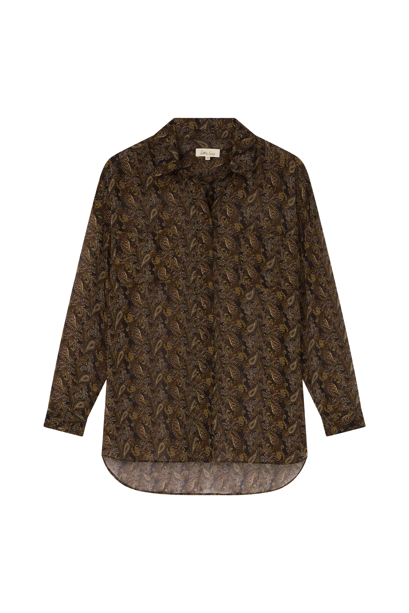Ghost image of Cinnamon Girl Paisley Chiffon Shirt, with autumnal print detail, pockets, button front and cuffs.