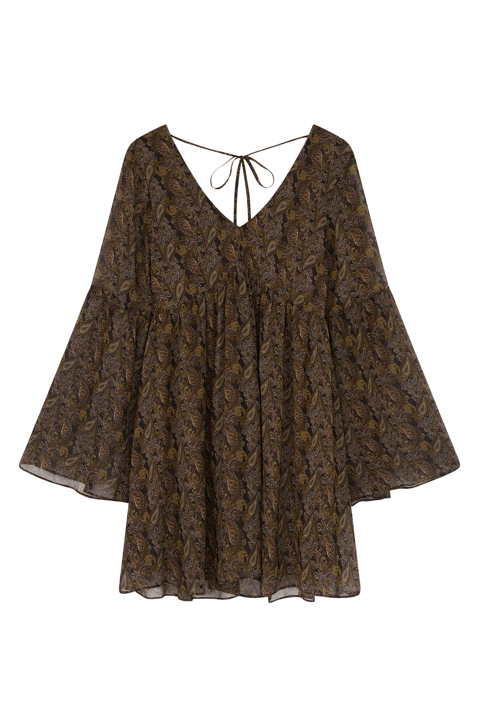 Ghost image of Cinnamon Girl Paisley Chiffon Smock Dress, with autumnal print detail, wide flared sleeves and beaded tie back.