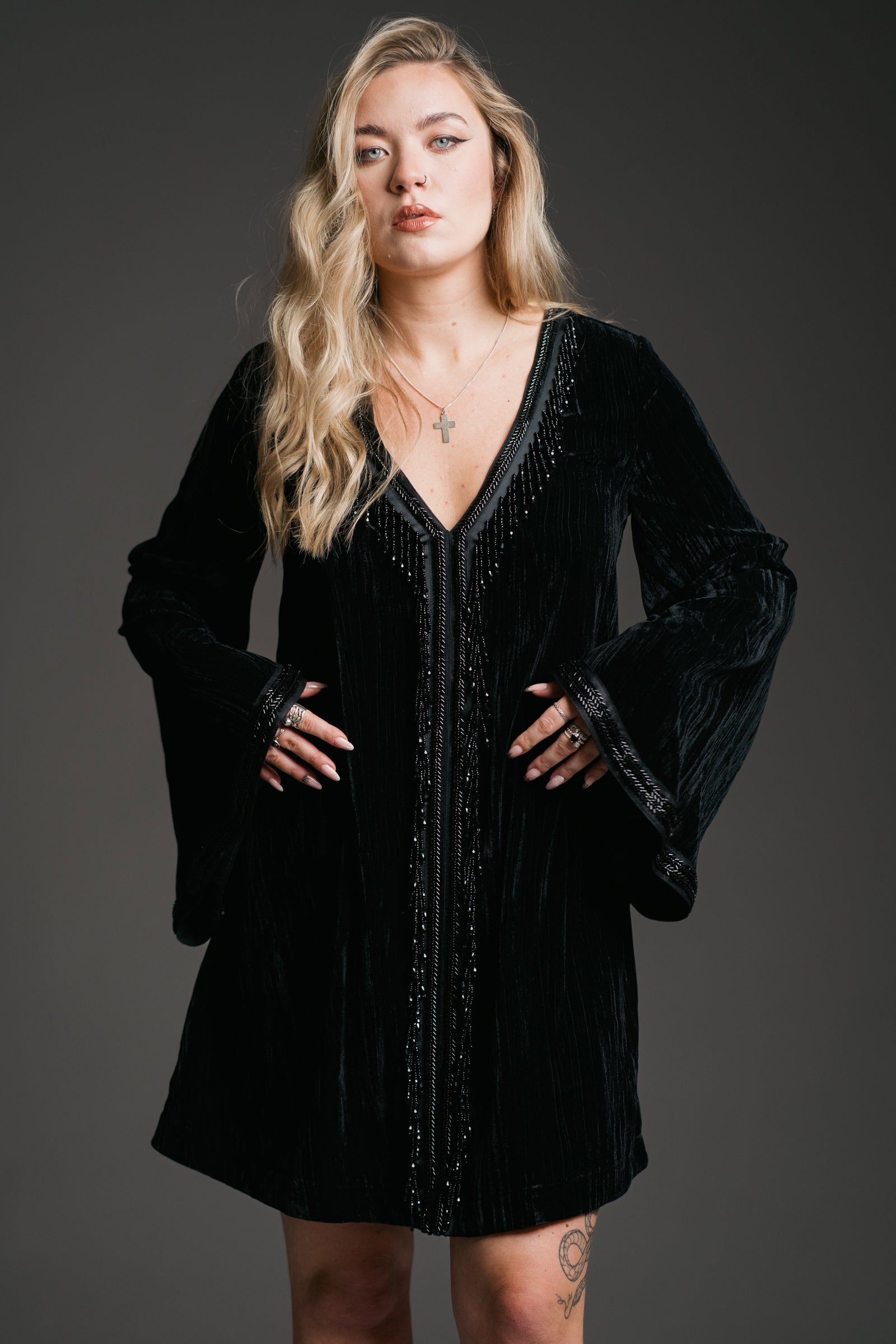 Cosmic Love Beaded Shift 70s Boho Petite Black Dress