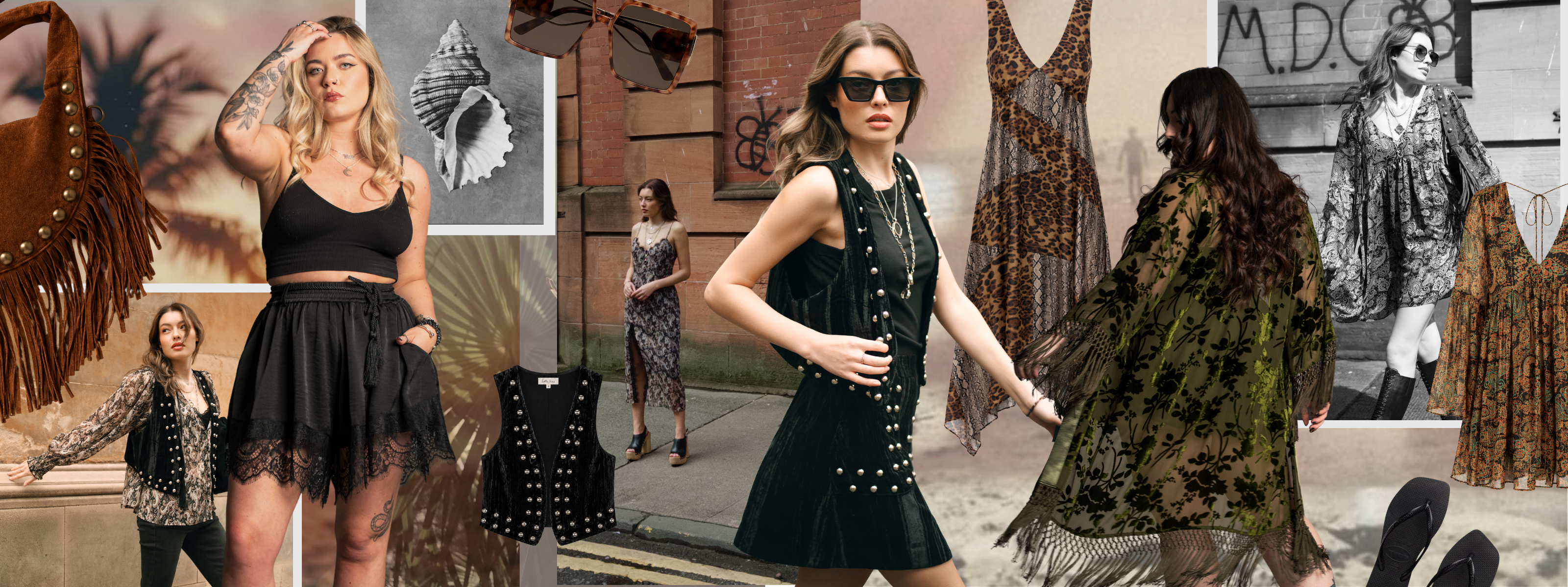 Little Lies Summer Favourites collection featuring Lennon studded velvet co-ord, Dakota floral devoré kimono, paisley dresses and tops, suede fringe bags, statement sunglasses and boho-inspired accessories