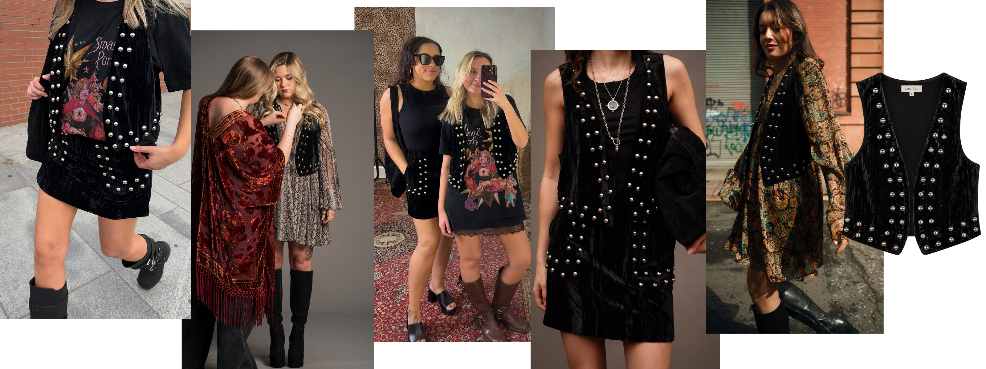 Little Lies Summer Favourites collection featuring Lennon studded velvet co-ord, Dakota floral devoré kimono, paisley dresses and tops, suede fringe bags, statement sunglasses and boho-inspired accessories