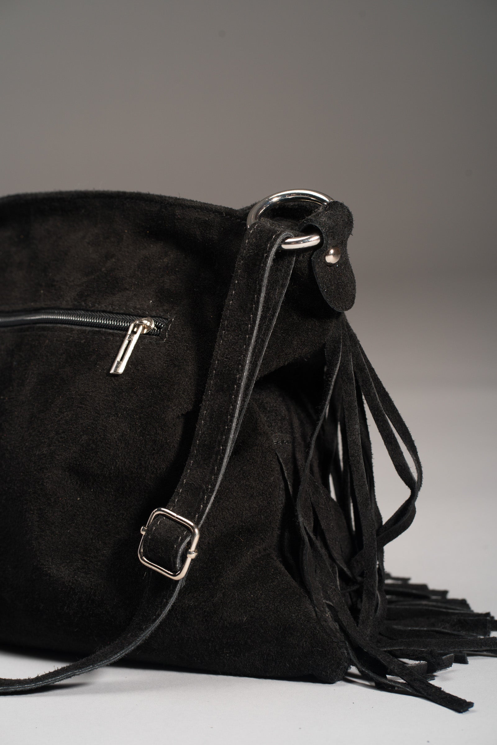 Black Genuine Suede Fringed Bag