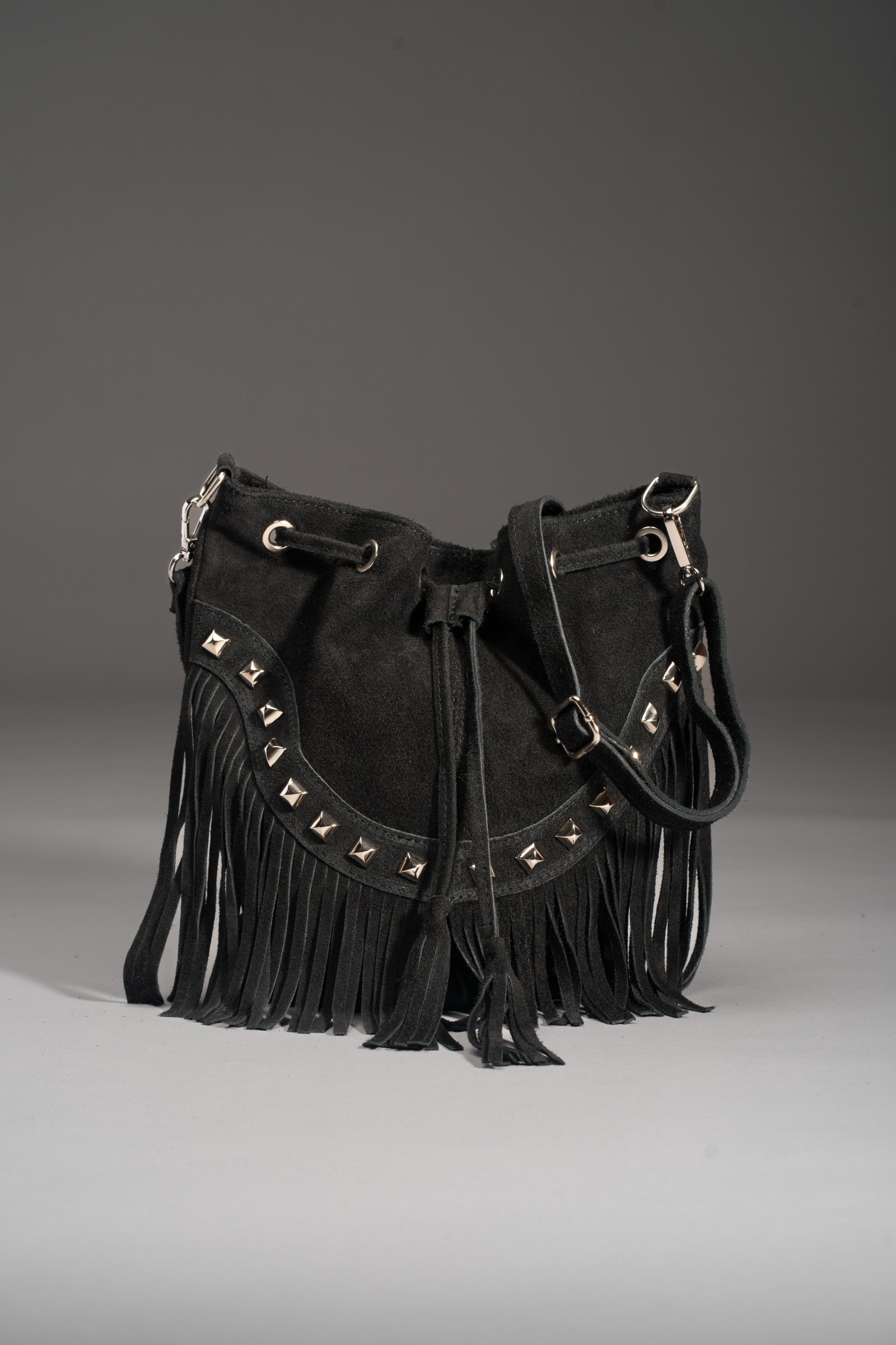 Nevada Black Suede Fringed Bucket Bag