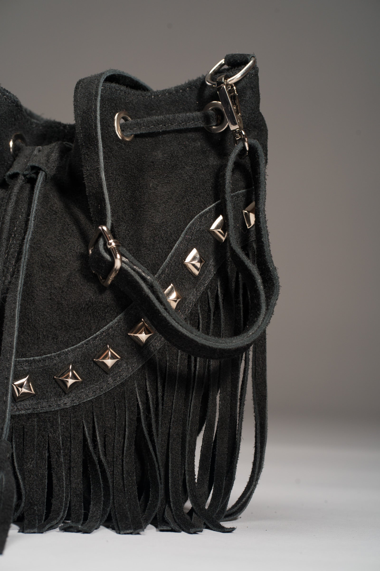 Nevada Black Suede Fringed Bucket Bag