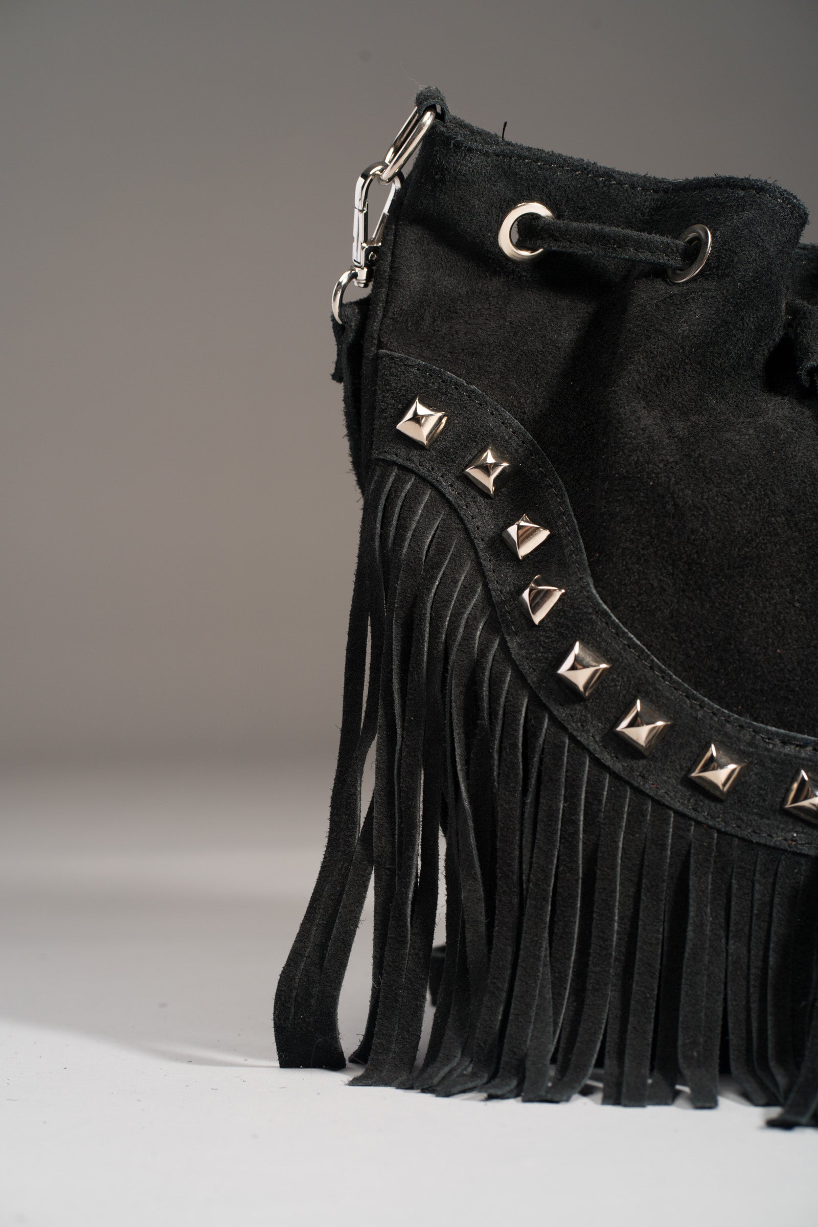 Nevada Black Suede Fringed Bucket Bag