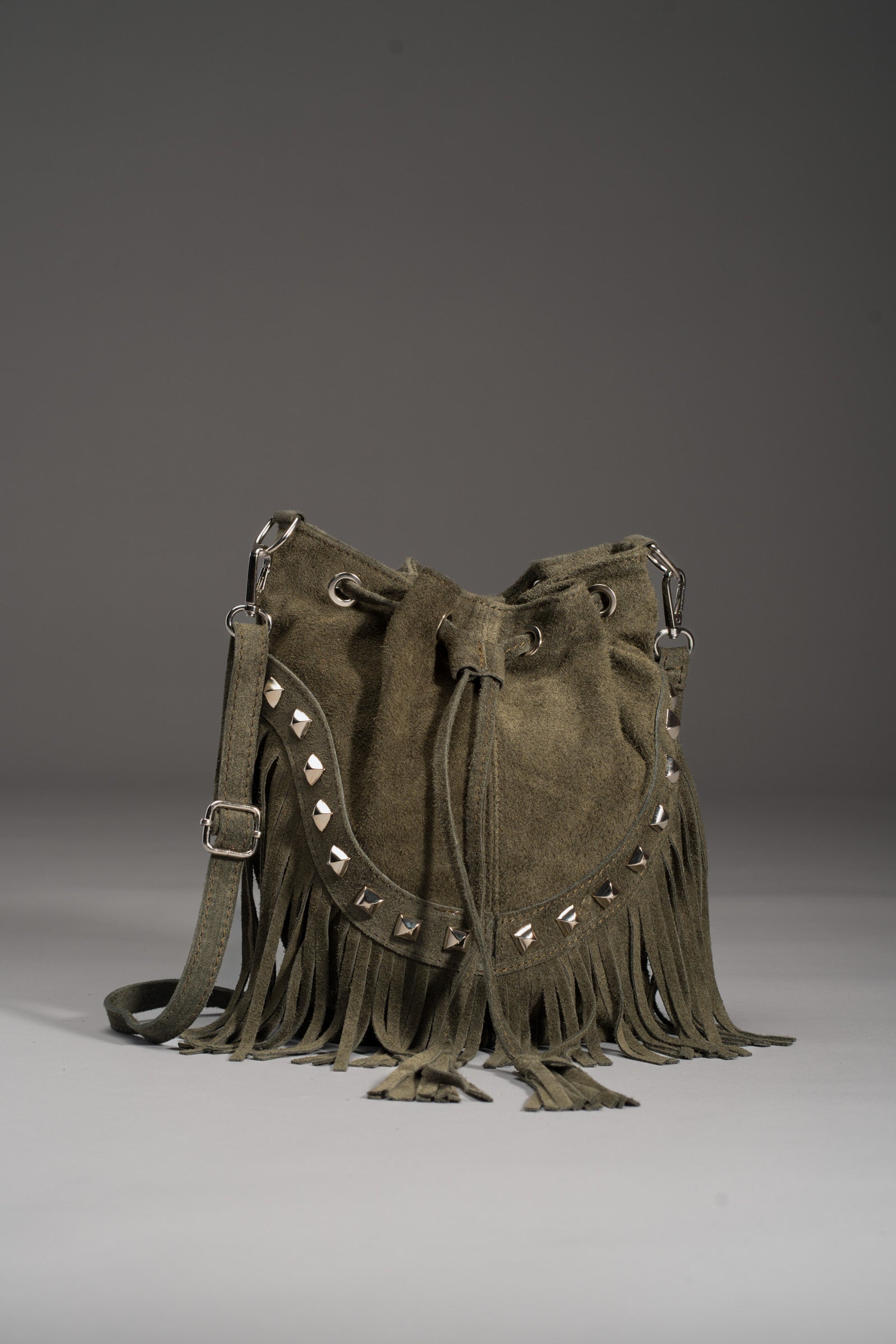 Nevada Khaki Suede Fringed Bucket Bag