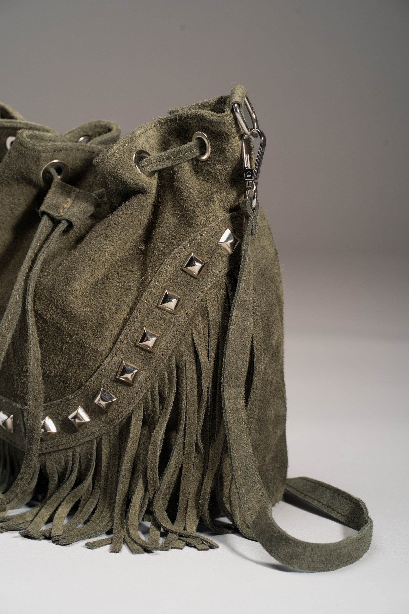 Nevada Khaki Suede Fringed Bucket Bag