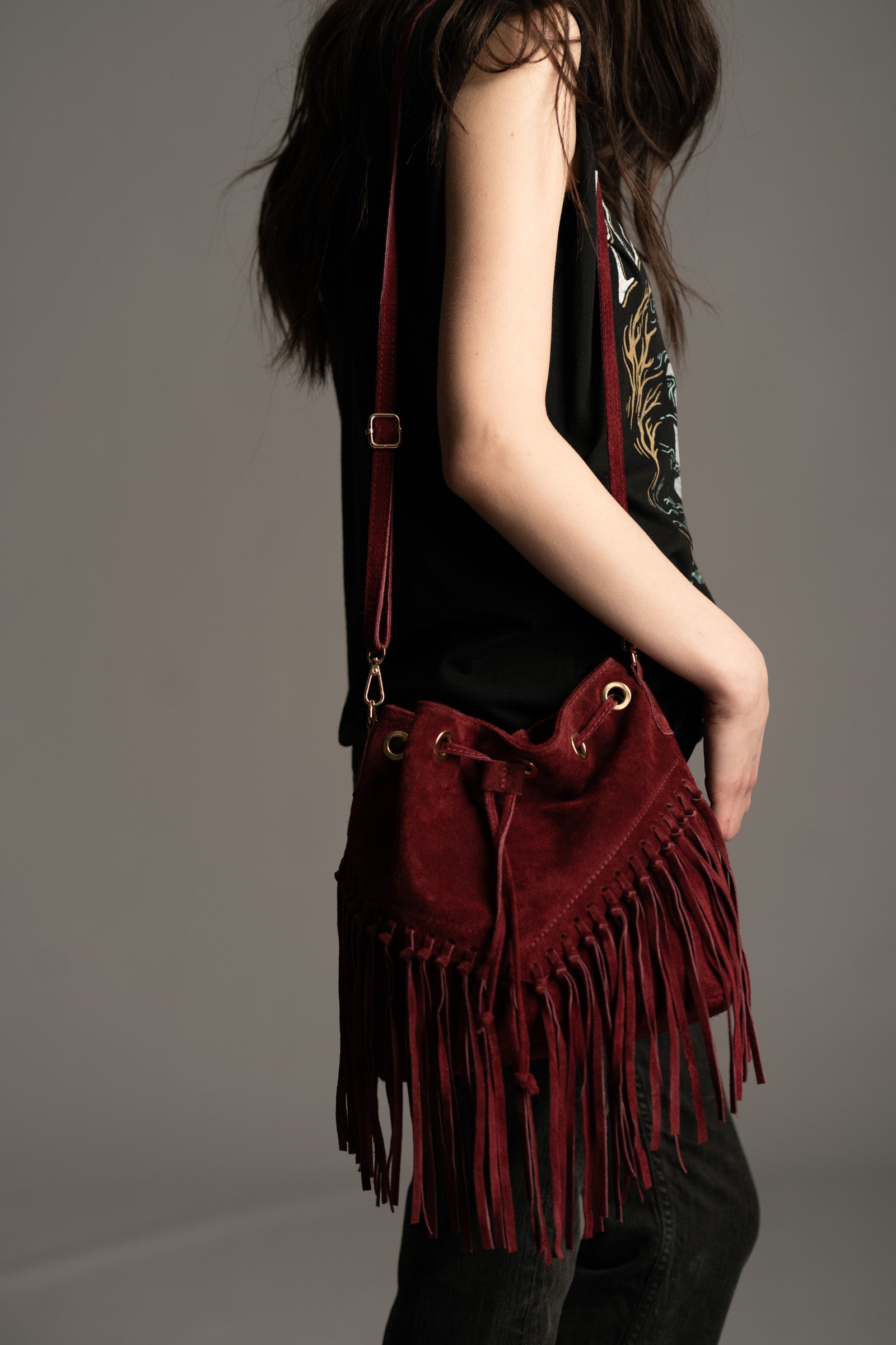 Burgundy suede deals bucket bag