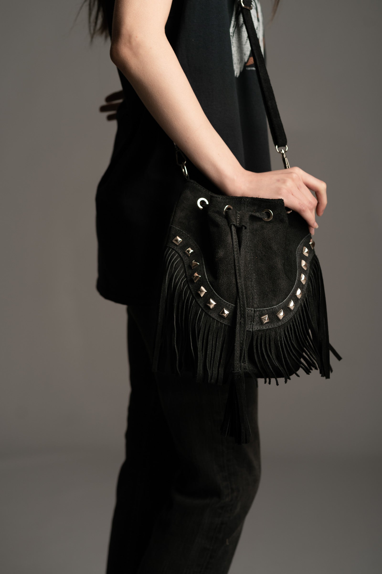 Nevada Black Suede Fringed Bucket Bag