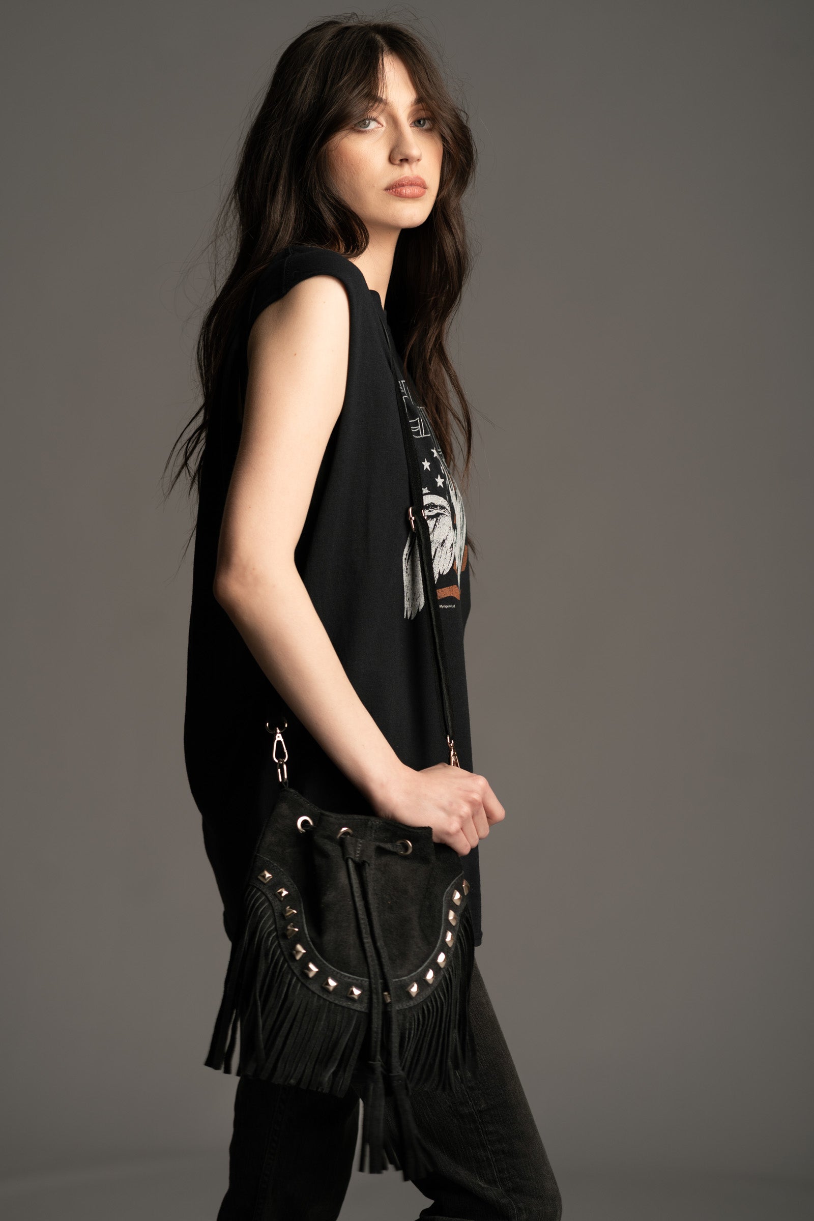 Nevada Black Suede Fringed Bucket Bag