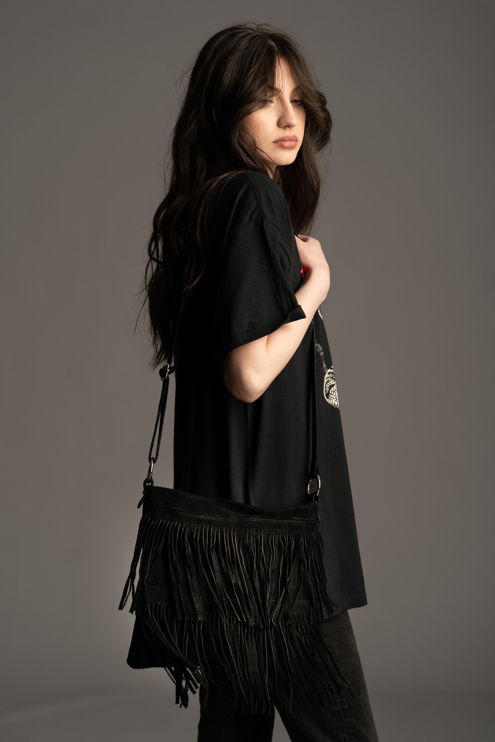 Black Genuine Suede Fringed Bag