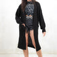 Model wearing All Apologies Black Cardigan - Black oversized knit cardigan , Open front with true pockets