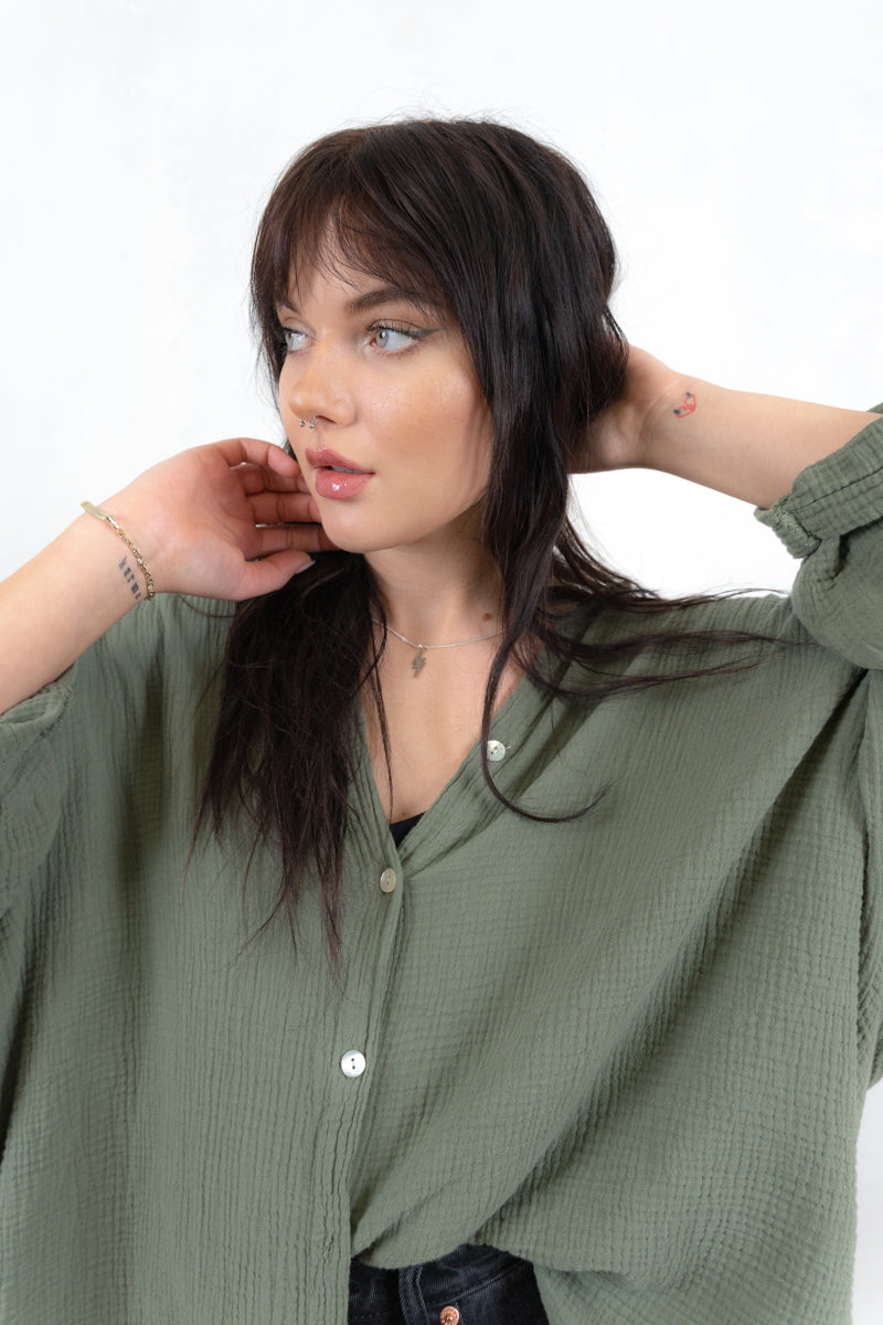 Model wearing Take It Easy Cheesecloth Shirt - Khaki Button Up Cheesecloth Relaxed Fit Shirt