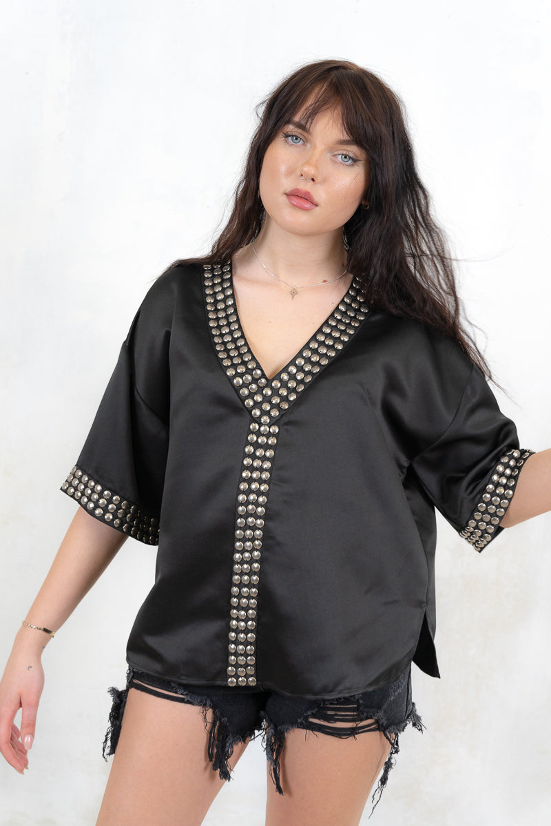 Model wearing Heavy Metal Studded Tee- Relaxed fit, black satin boxy tee with silver Embellishment