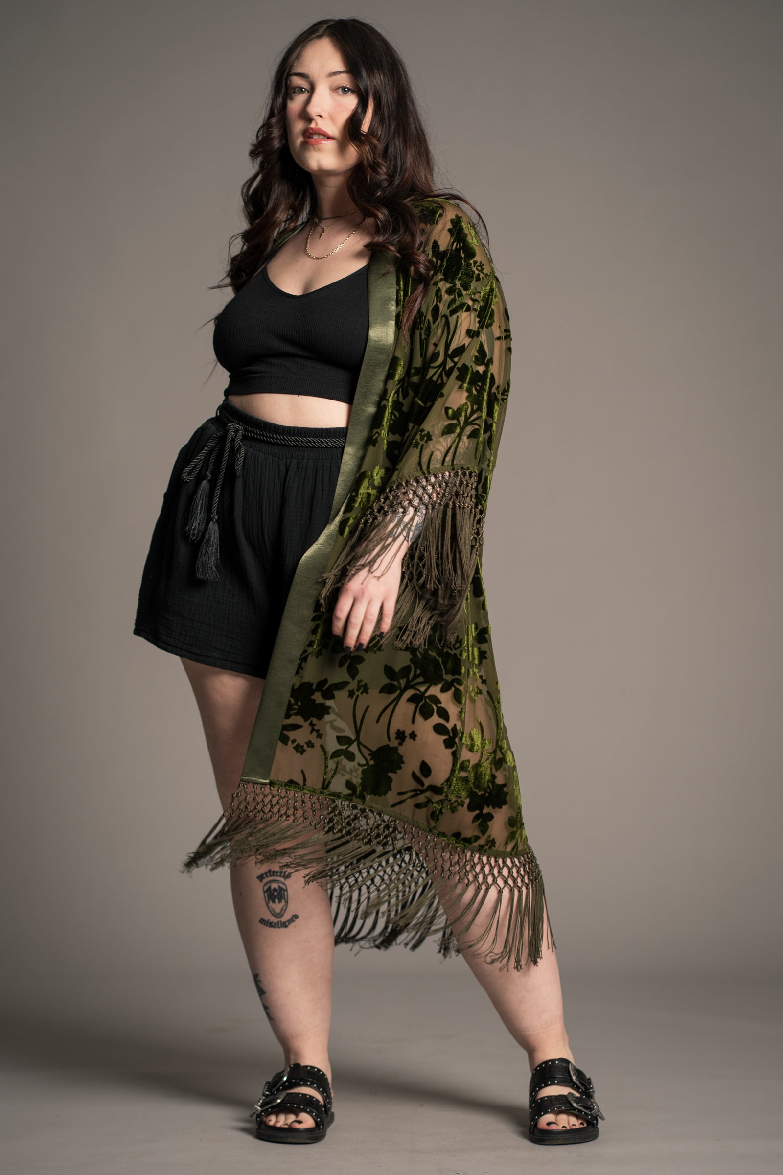 Little Lies Dakota olive devore kimono with sheer floral velvet detailing and tassel trim – lightweight relaxed fit layering piece