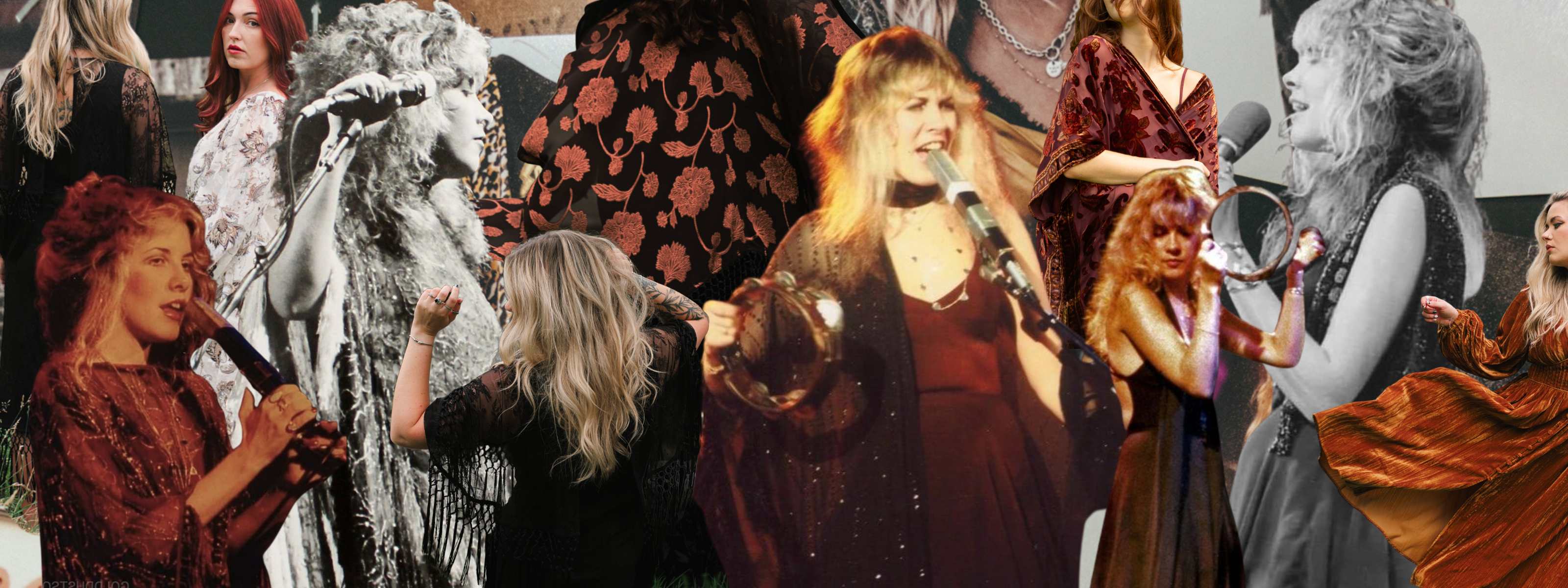 Editorial collage blending vintage Stevie Nicks imagery with modern boho fashion worn by models Erin and Taylor from the Stevie Collection
