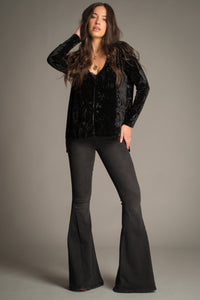 Front view of the Dylan Black Crushed Velvet Tee in soft black crushed velvet.